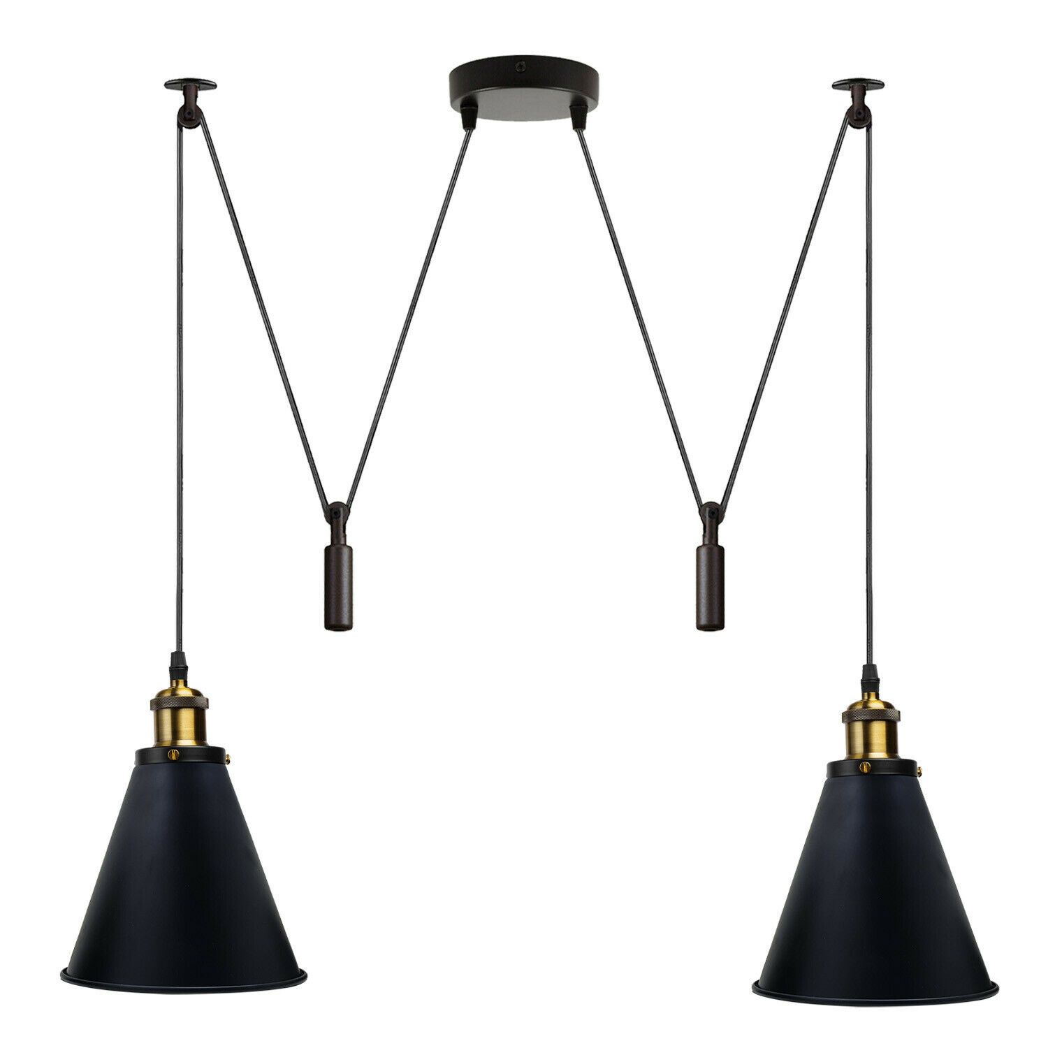 Retro Industrial Metal Cone Shape Black Ceiling Pendant Light with two shades and E27 holders, perfect for ambient lighting.