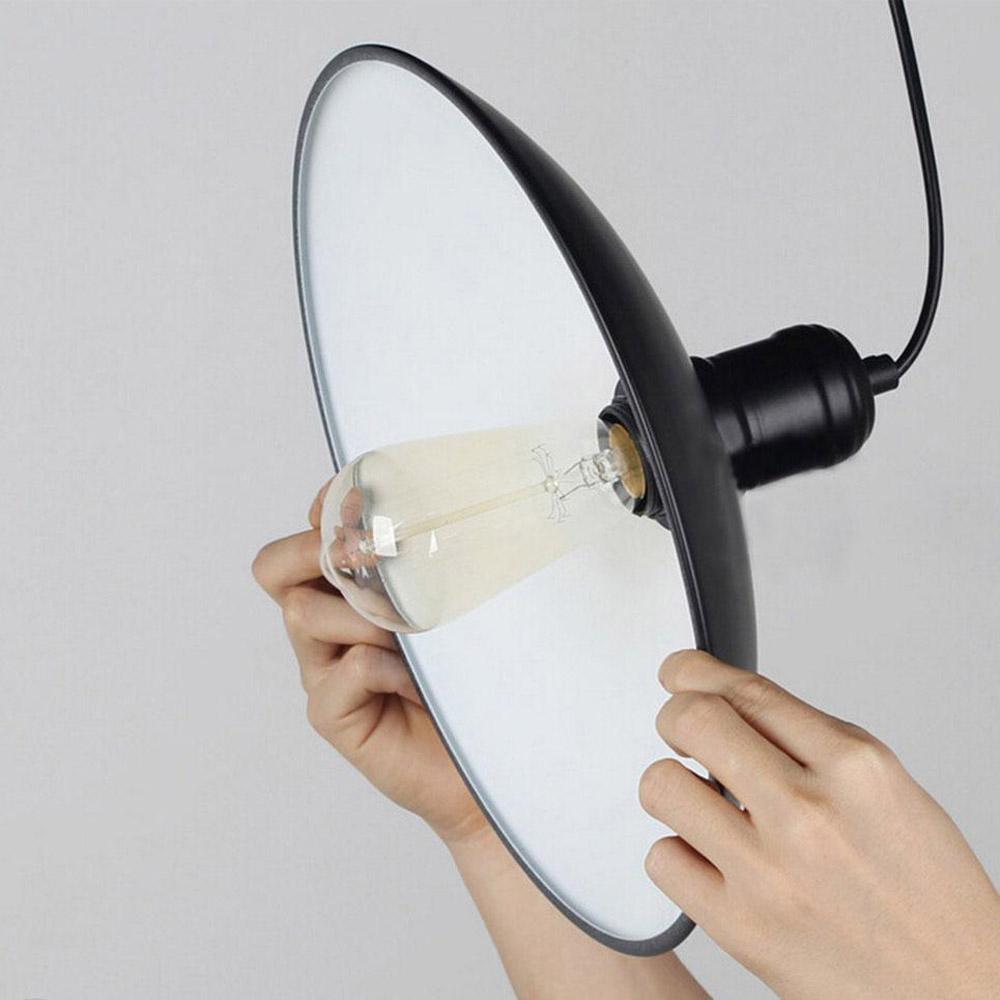 Antique café loft bar ceiling pendant light with black metal lampshade, adjustable fabric wire, and E27 socket.