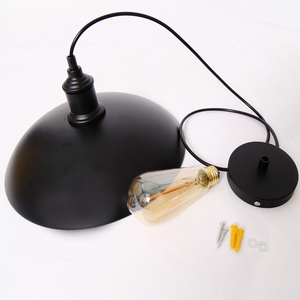 Antique café loft bar ceiling pendant light with black metal lampshade, adjustable fabric wire, and E27 socket.