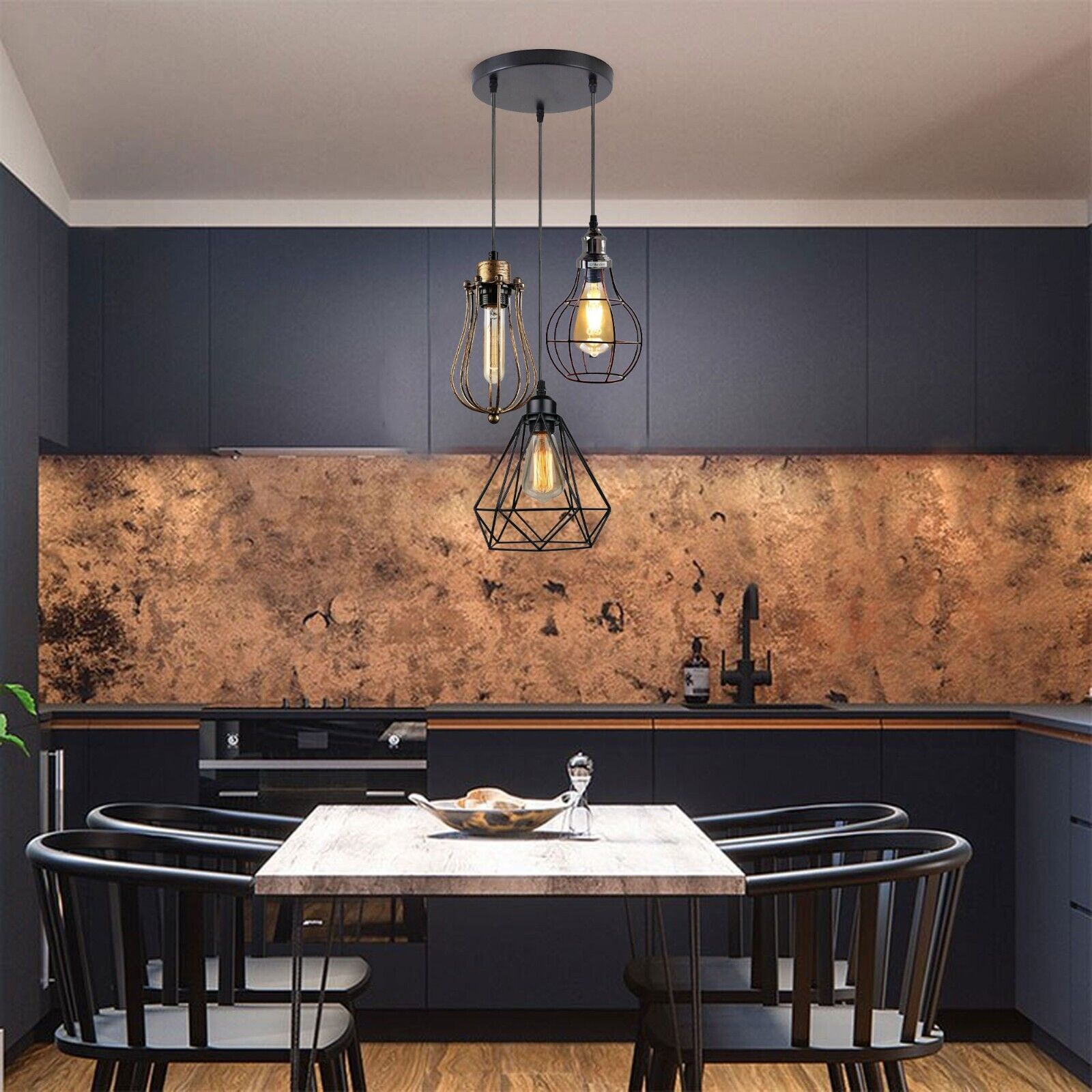 Modern 3 Light Cage Ceiling Hanging Pendant Lamp Fixture with brushed finish and adjustable design, perfect for stylish home décor.