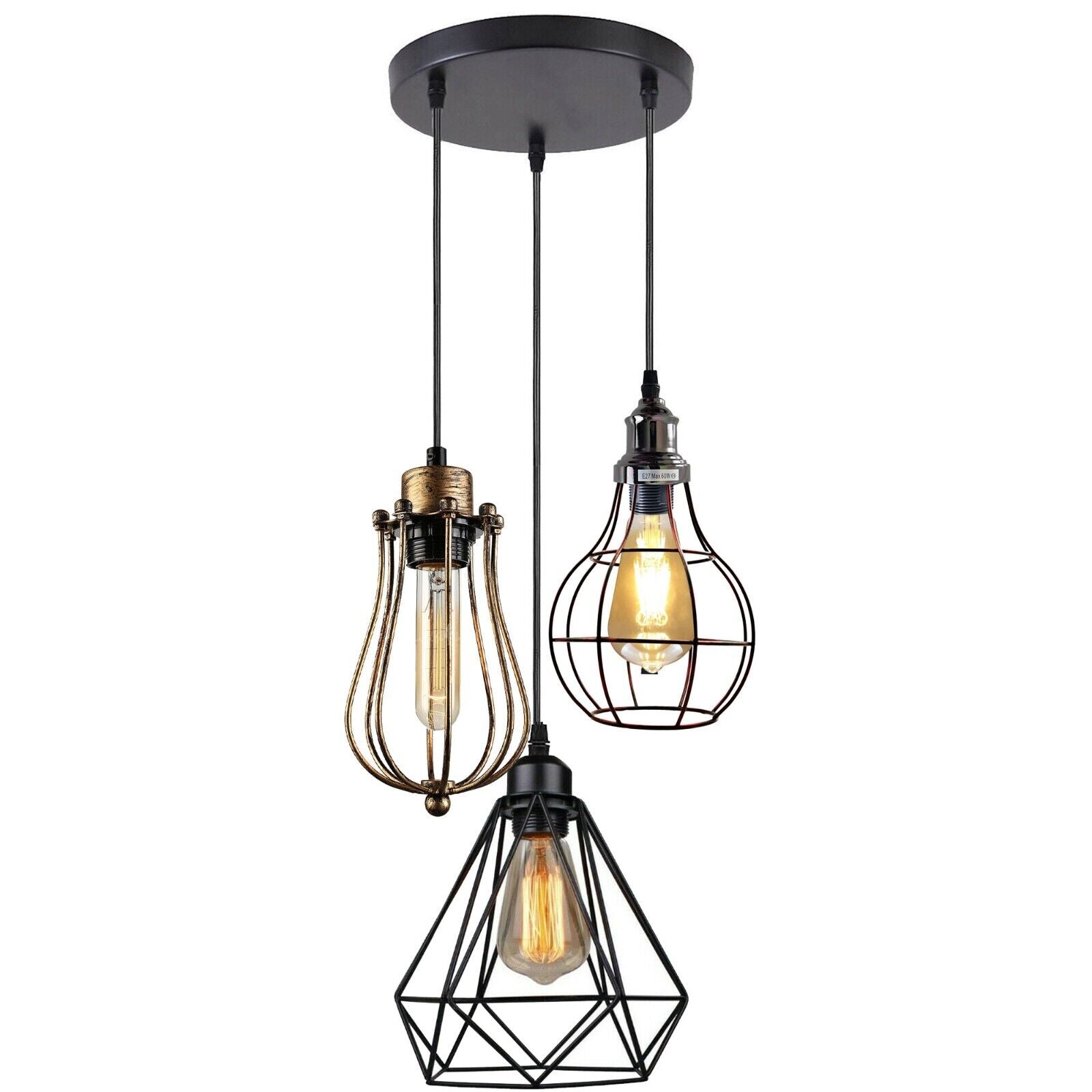 Modern 3 Light Cage Ceiling Hanging Pendant Lamp Fixture with brushed finish and adjustable design, perfect for stylish home décor.