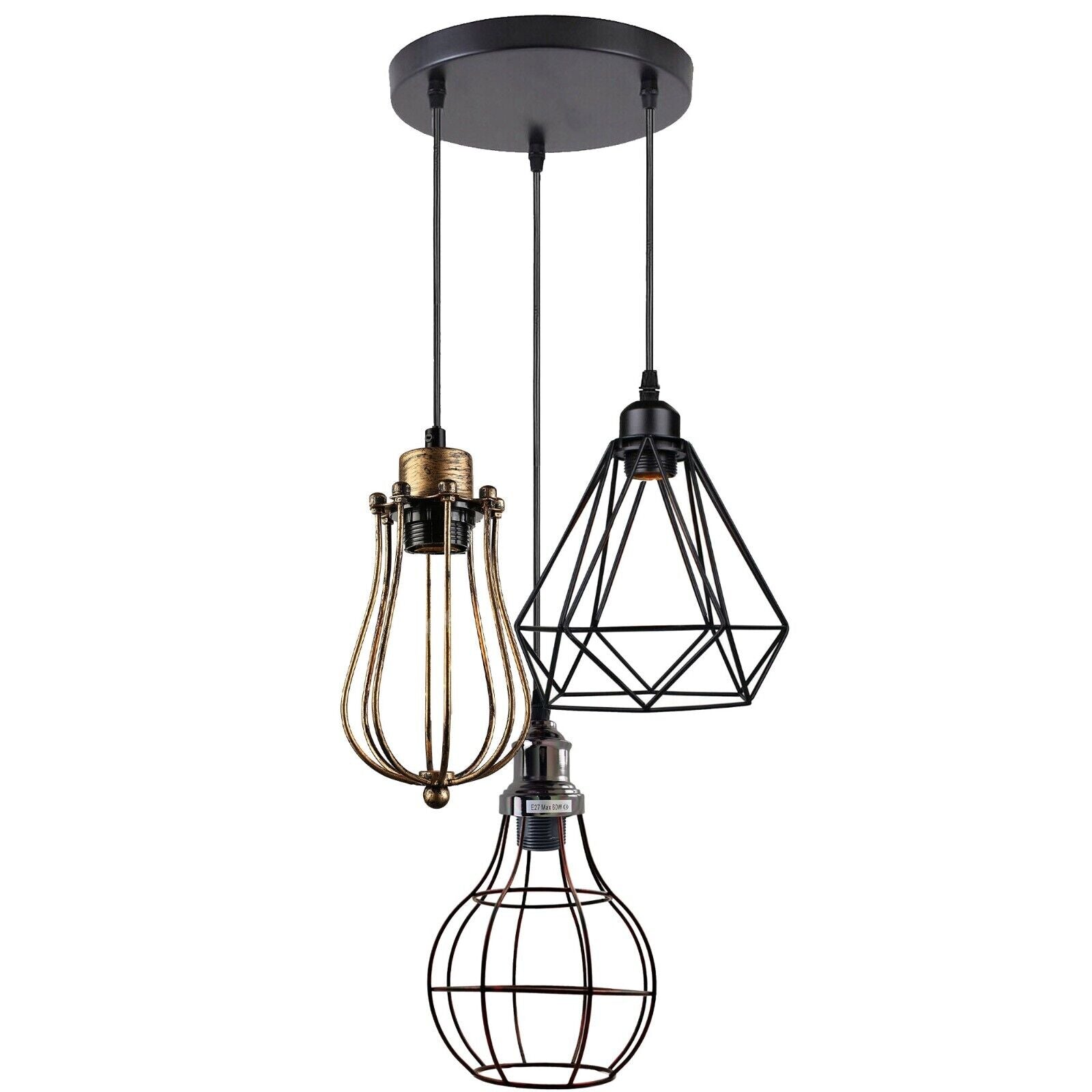 Modern 3 Light Cage Ceiling Hanging Pendant Lamp Fixture with brushed finish and adjustable design, perfect for stylish home décor.