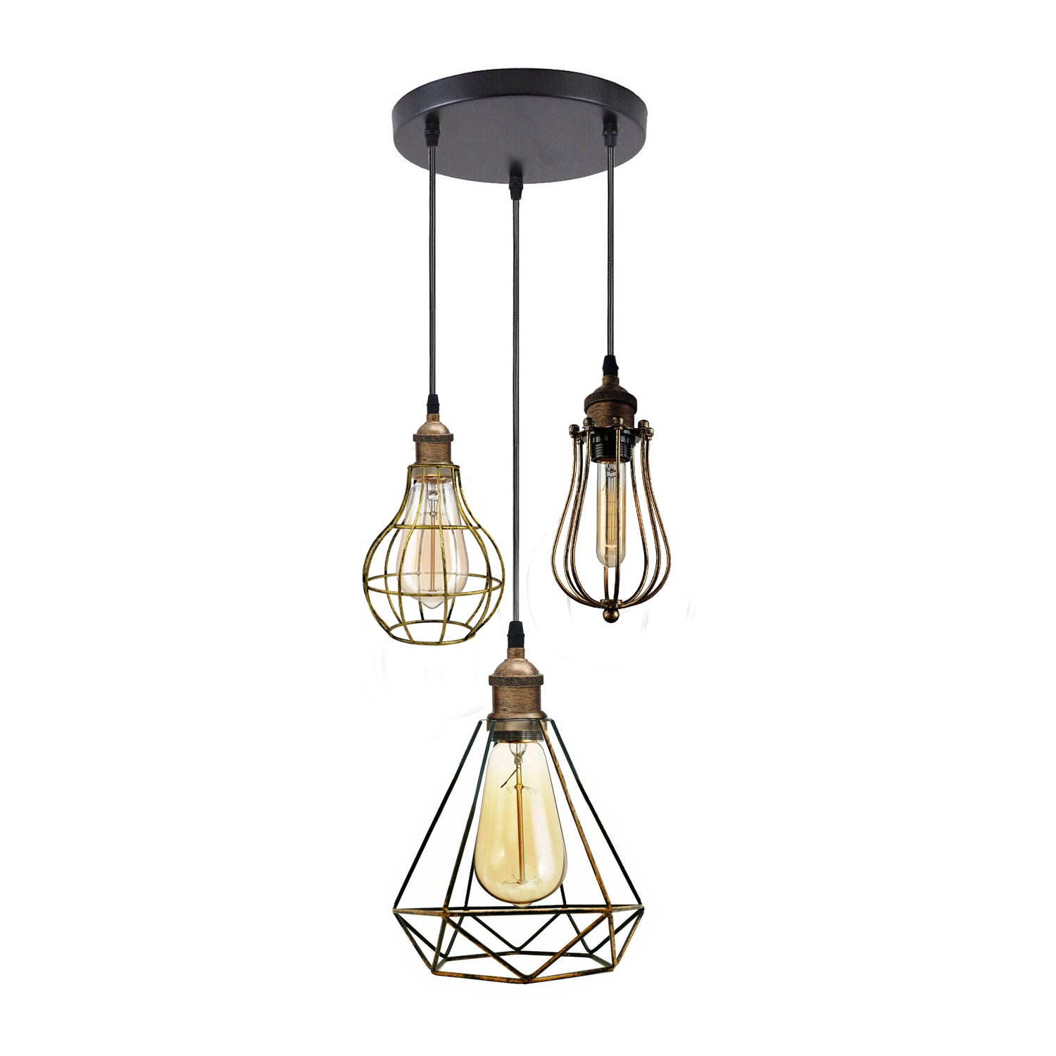 Modern 3 Light Cage Ceiling Hanging Pendant Lamp Fixture with brushed finish and adjustable design, perfect for stylish home décor.