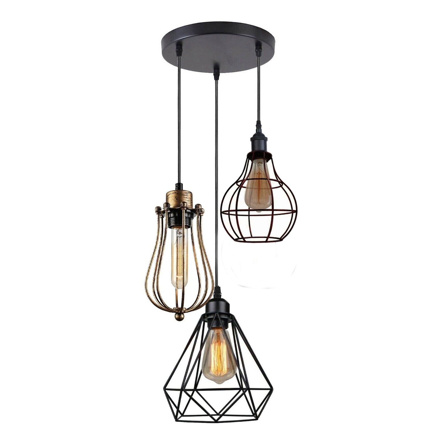 Modern 3 Light Cage Ceiling Hanging Pendant Lamp Fixture with brushed finish and adjustable design, perfect for stylish home décor.