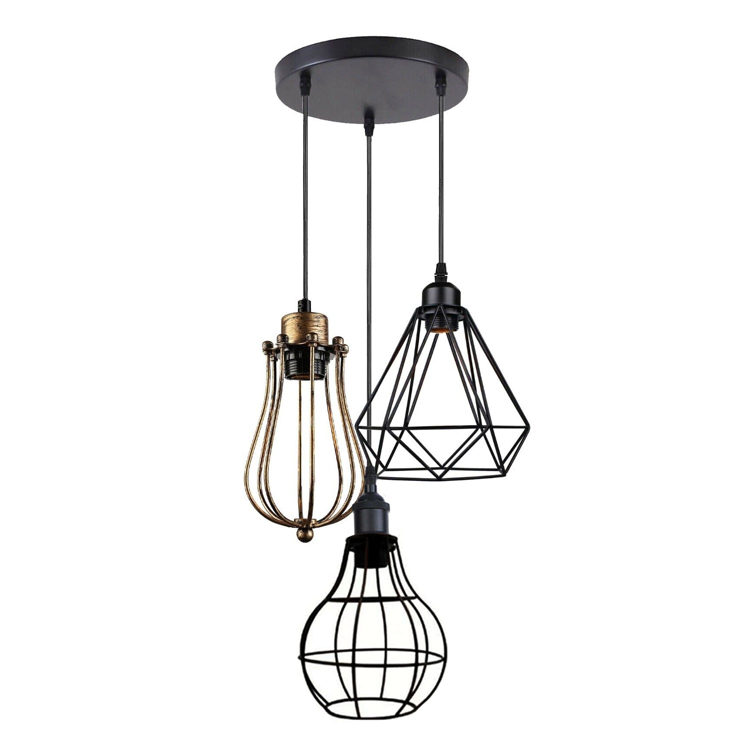 Modern 3 Light Cage Ceiling Hanging Pendant Lamp Fixture with brushed finish and adjustable design, perfect for stylish home décor.