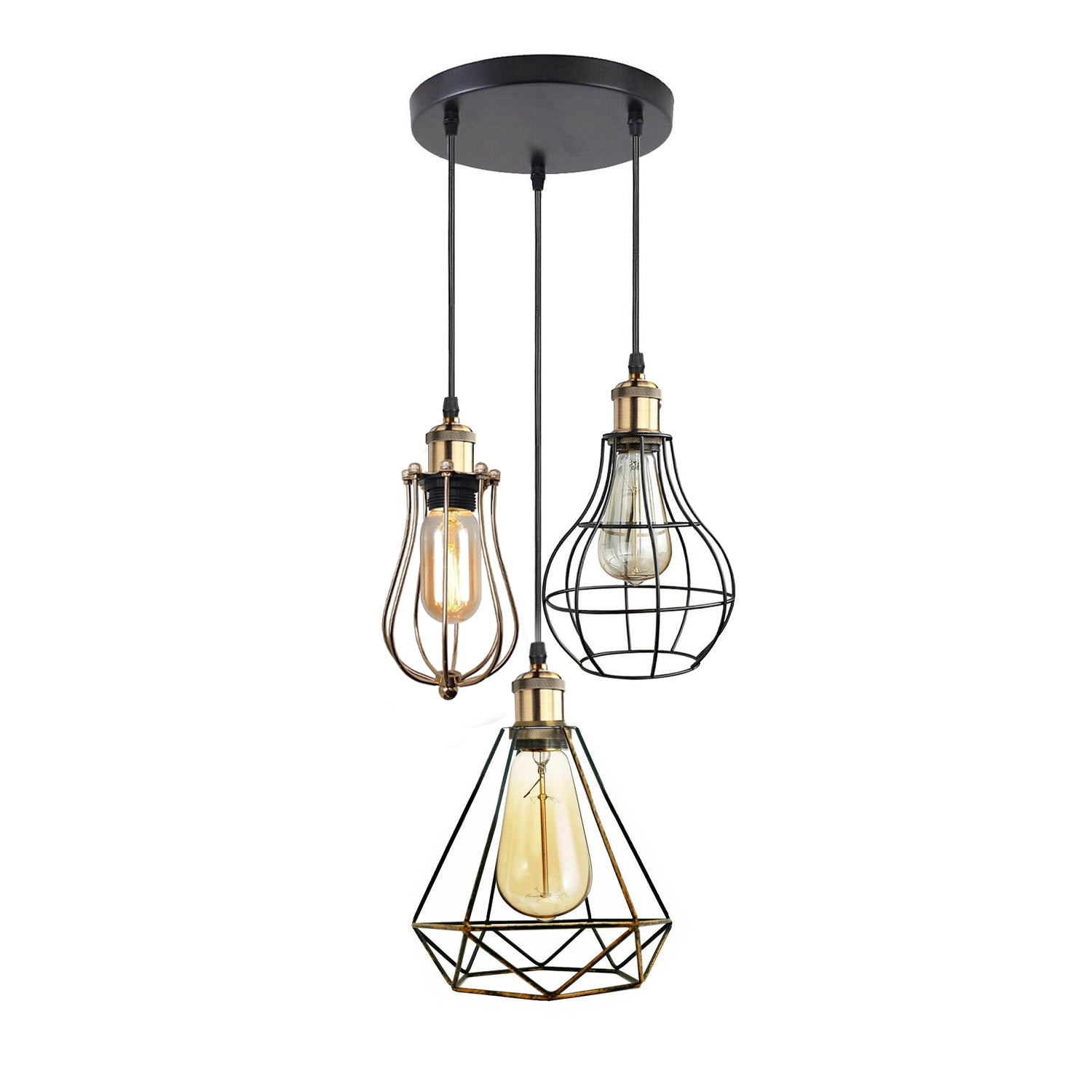 Modern 3 Light Cage Ceiling Hanging Pendant Lamp Fixture with brushed finish and adjustable design, perfect for stylish home décor.