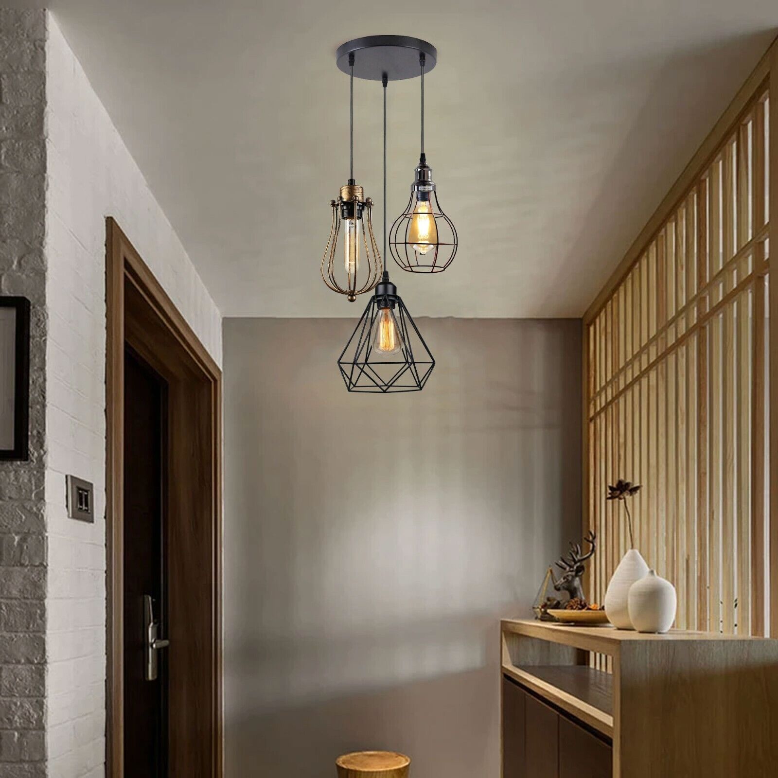 Modern 3 Light Cage Ceiling Hanging Pendant Lamp Fixture with brushed finish and adjustable design, perfect for stylish home décor.