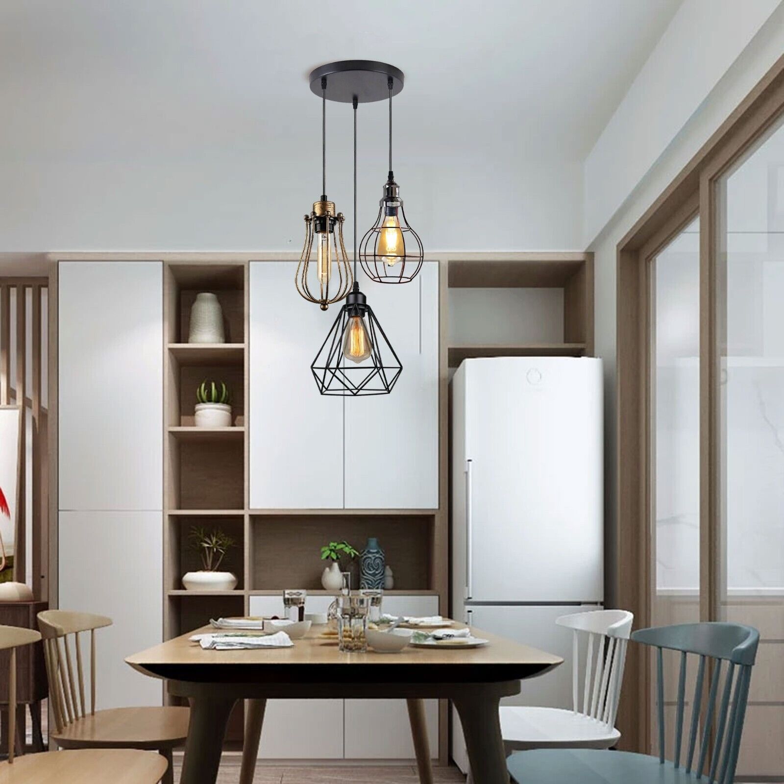 Modern 3 Light Cage Ceiling Hanging Pendant Lamp Fixture with brushed finish and adjustable design, perfect for stylish home décor.