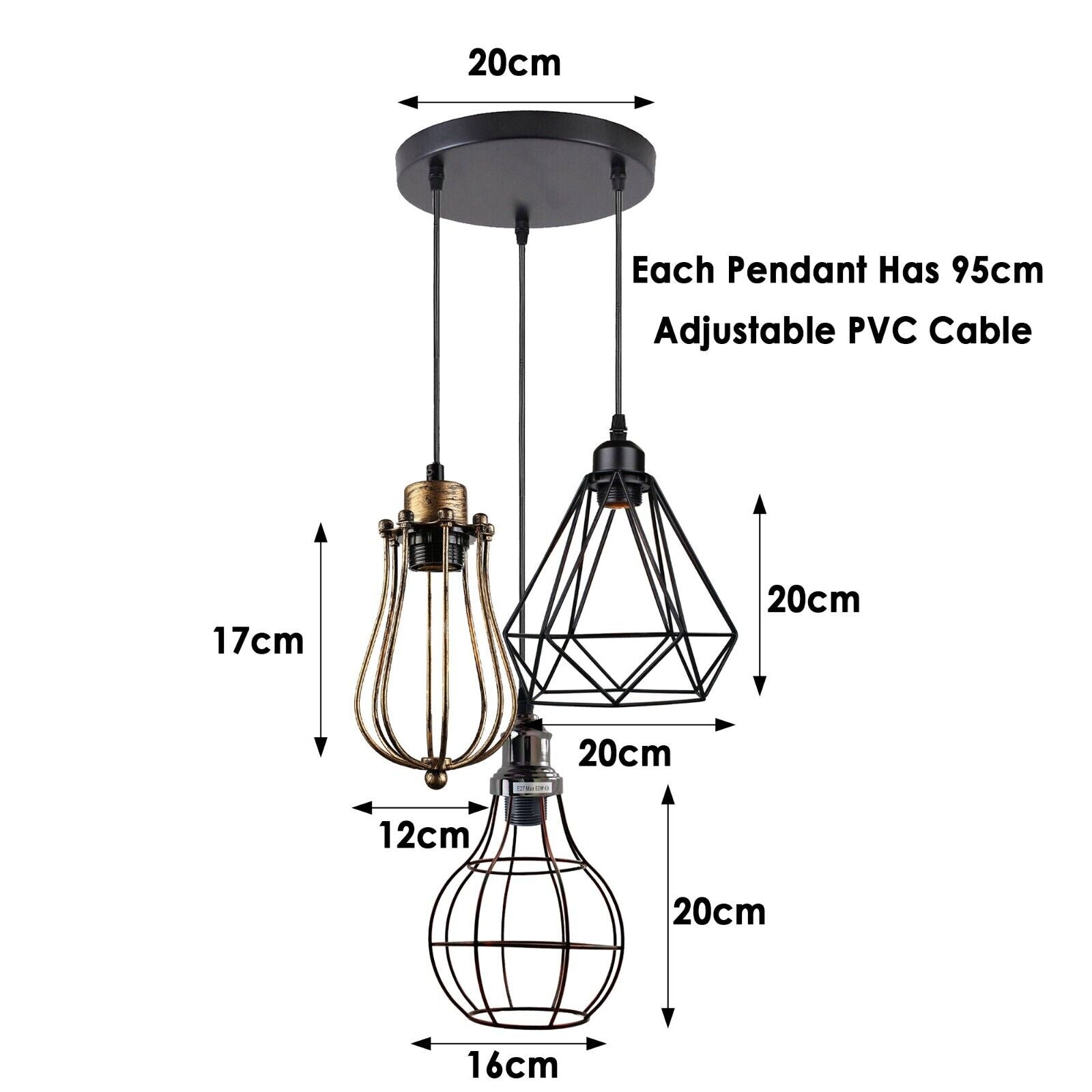 Modern 3 Light Cage Ceiling Hanging Pendant Lamp Fixture with brushed finish and adjustable design, perfect for stylish home décor.