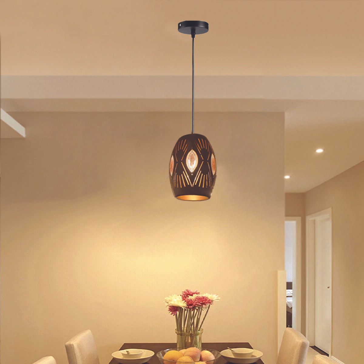 Modern black ceiling pendant light fitting with E27 base, ideal for home and cafe decor.
