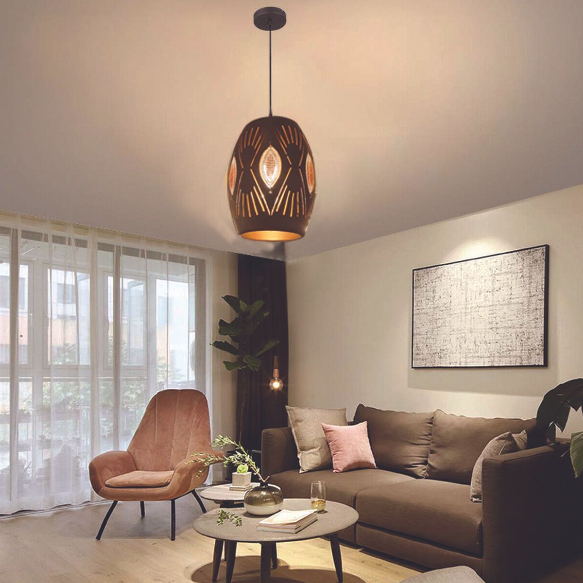 Modern black ceiling pendant light fitting with E27 base, ideal for home and cafe decor.