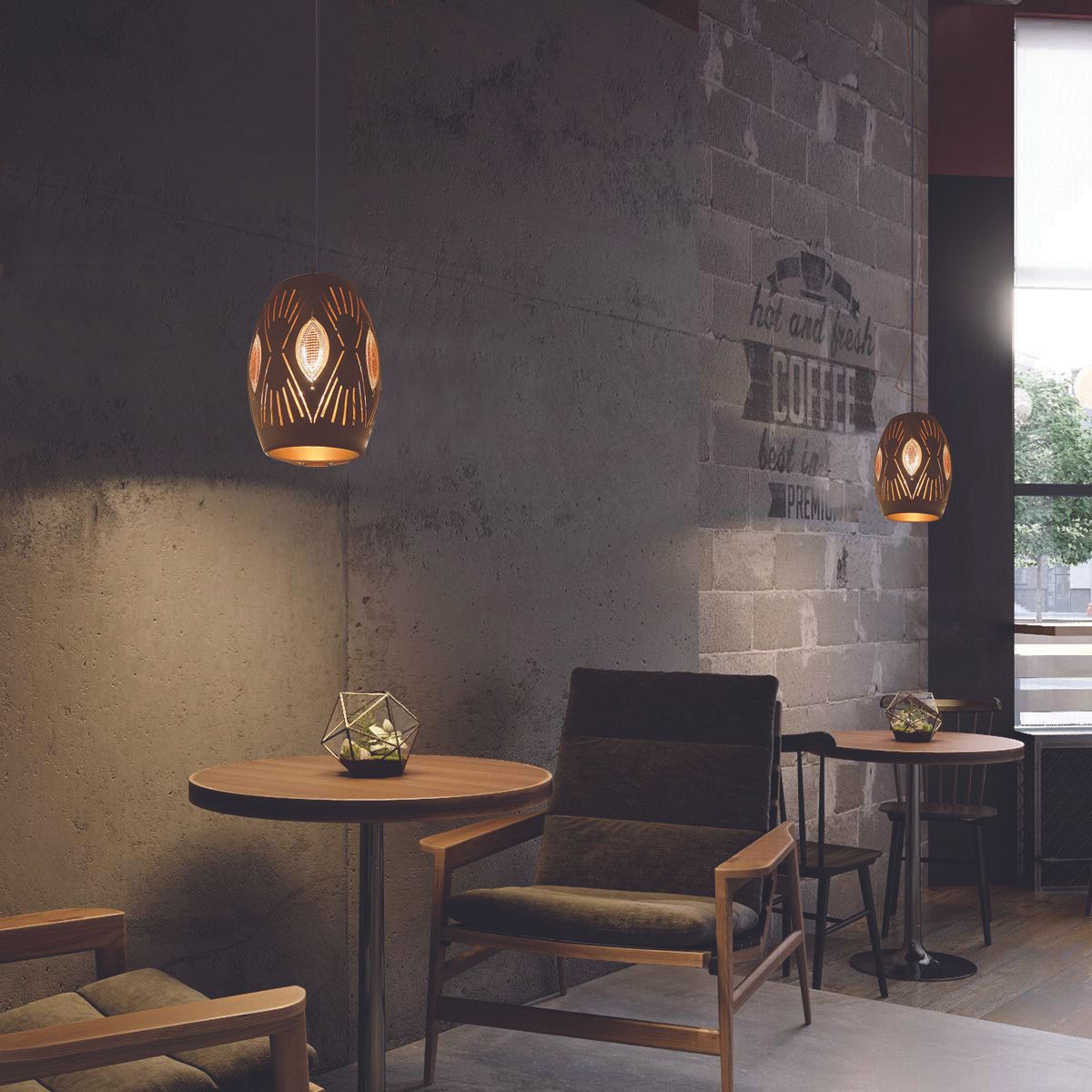 Modern black ceiling pendant light fitting with E27 base, ideal for home and cafe decor.