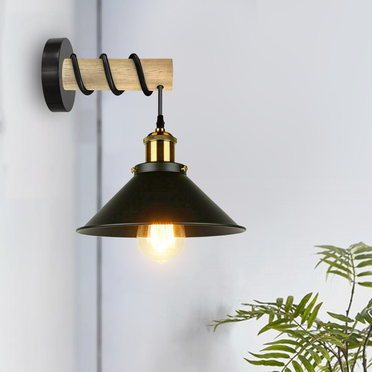 Modern Combined Solid Wooden Arm Chandelier Lighting featuring a stylish black metal cone shade and solid wood arm, perfect for home decor.
