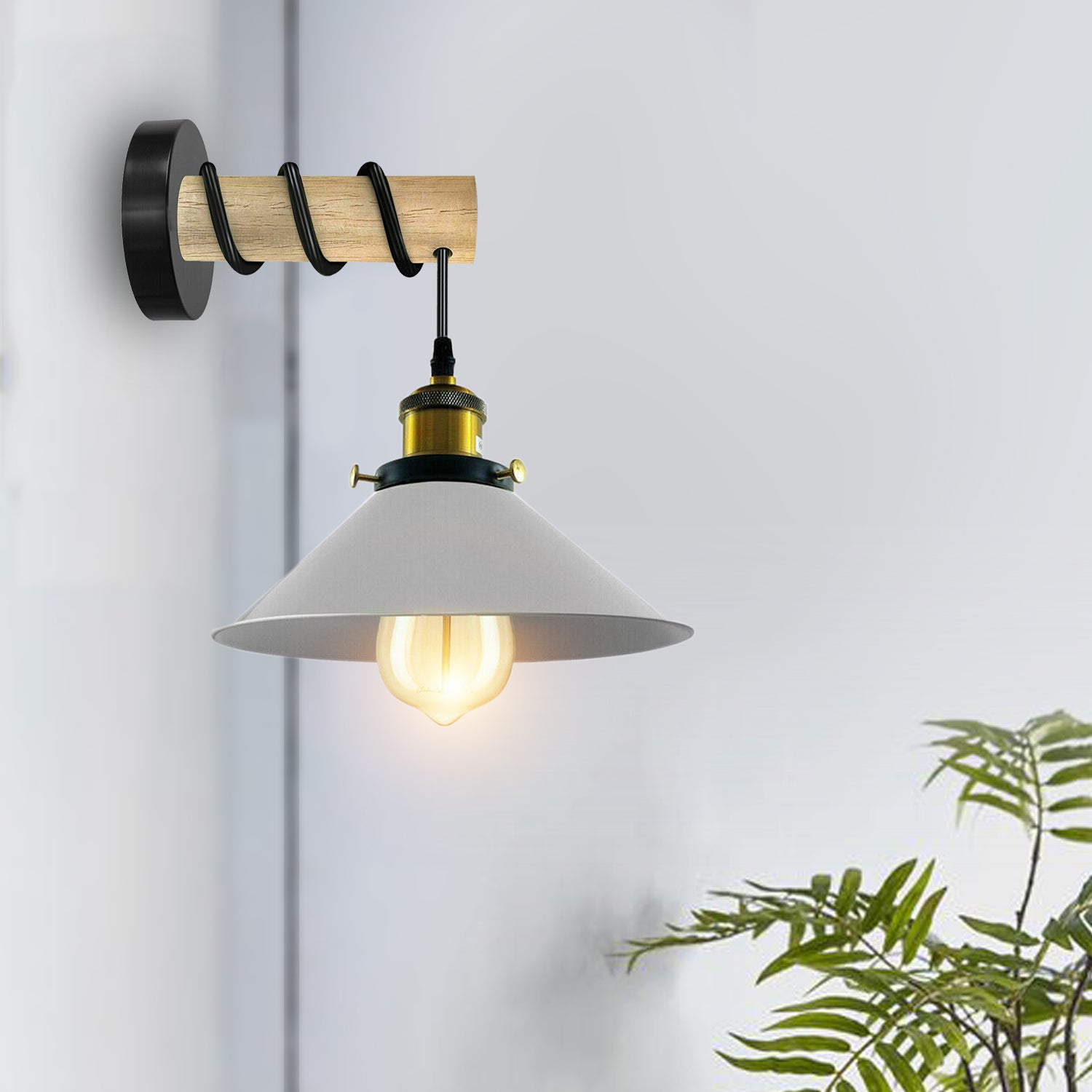 Modern Combined Solid Wooden Arm Metal Shade Wall Sconce featuring a cone-shaped metal shade and wooden arm, ideal for rustic home decor.