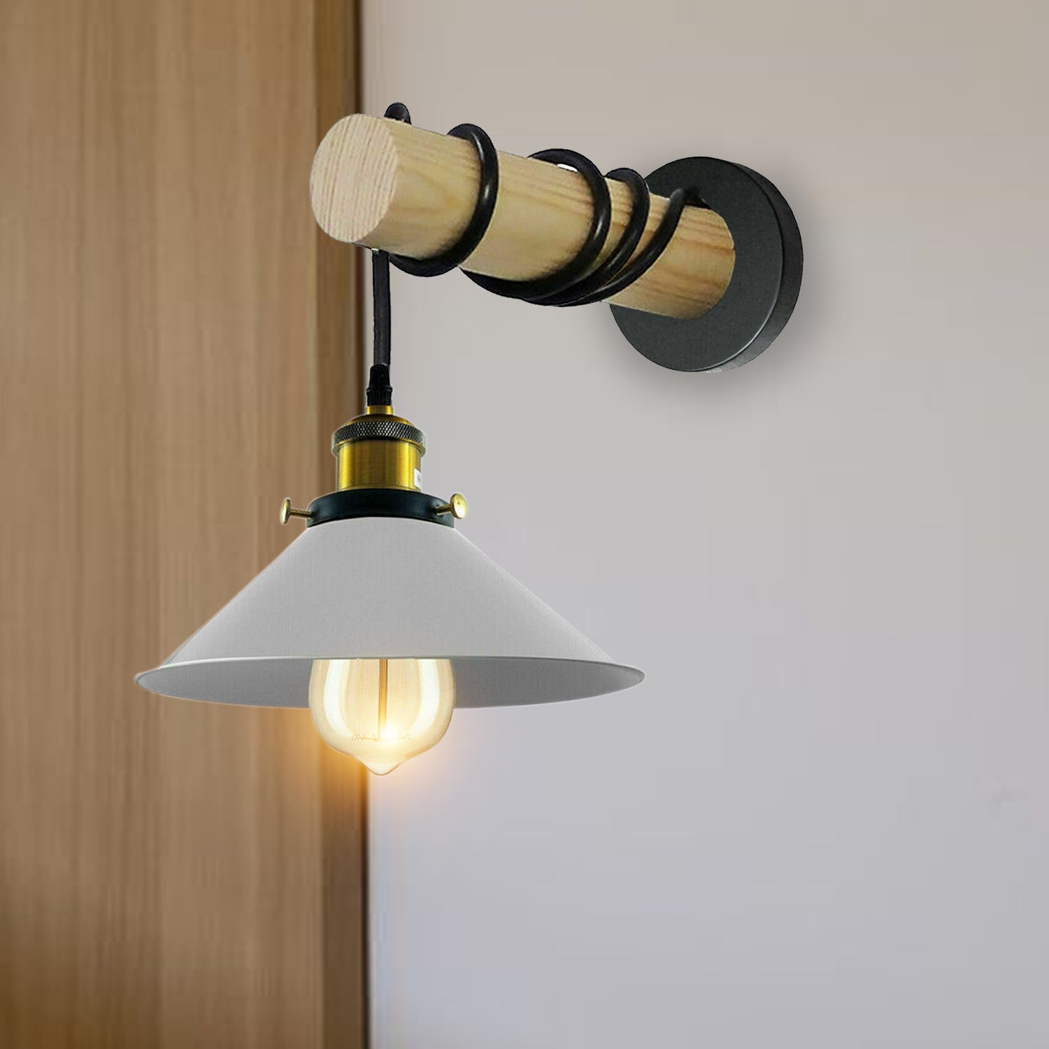 Modern Combined Solid Wooden Arm Metal Shade Wall Sconce featuring a cone-shaped metal shade and wooden arm, ideal for rustic home decor.