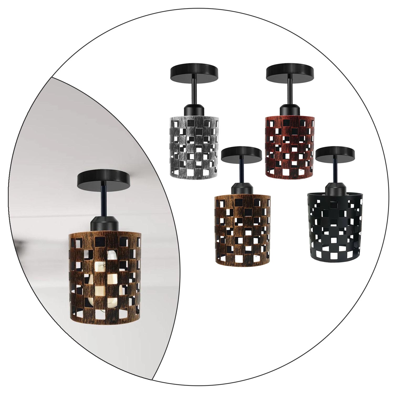 Modern flush ceiling light E27 lamp in black with a stylish design, showcasing its metal construction and elegant light cage.