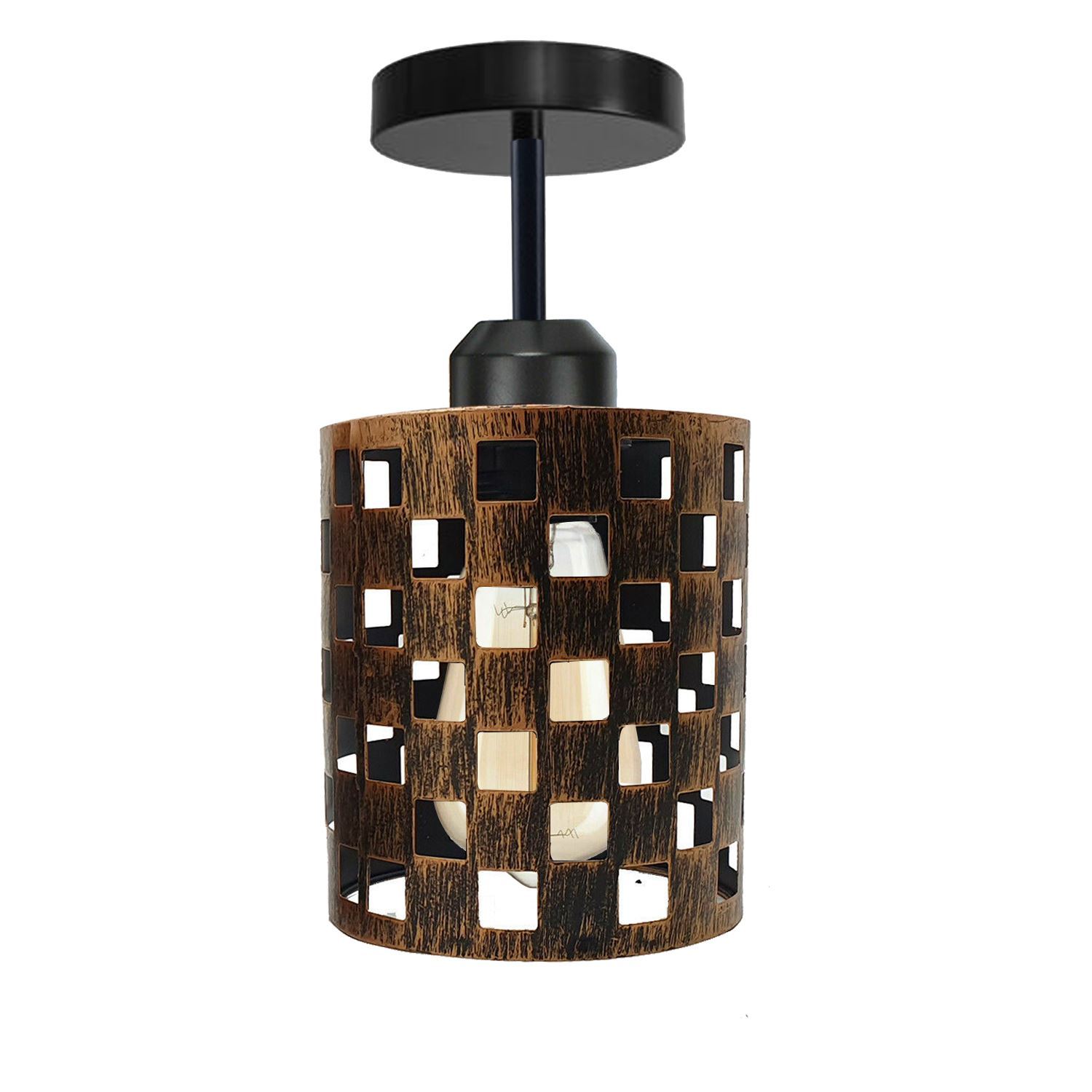 Modern flush ceiling light E27 lamp in black with a stylish design, showcasing its metal construction and elegant light cage.