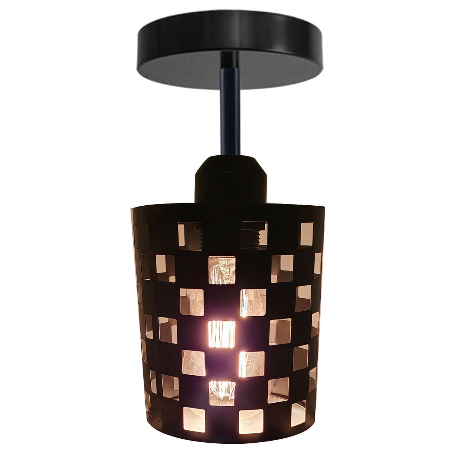 Modern flush ceiling light E27 lamp in black with a stylish design, showcasing its metal construction and elegant light cage.