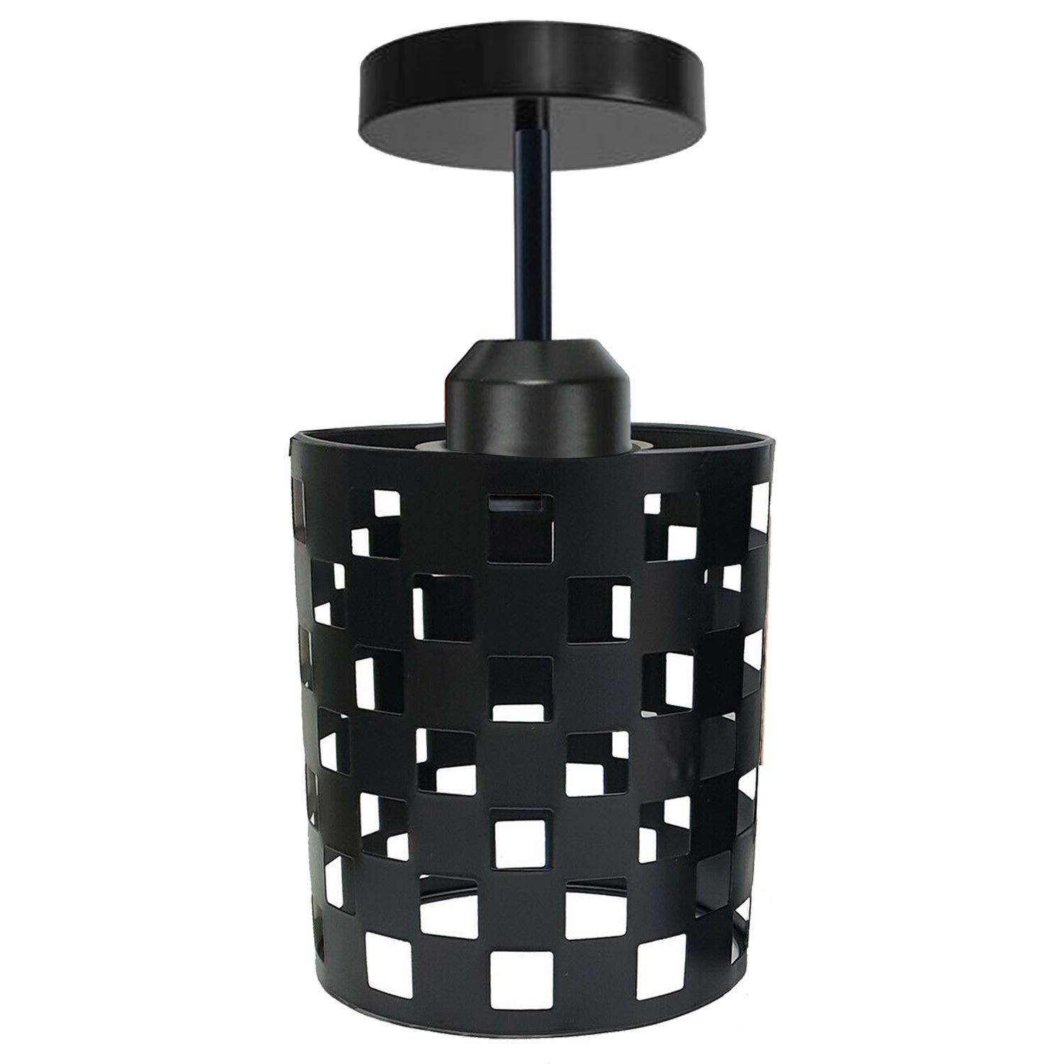 Modern flush ceiling light E27 lamp in black with a stylish design, showcasing its metal construction and elegant light cage.