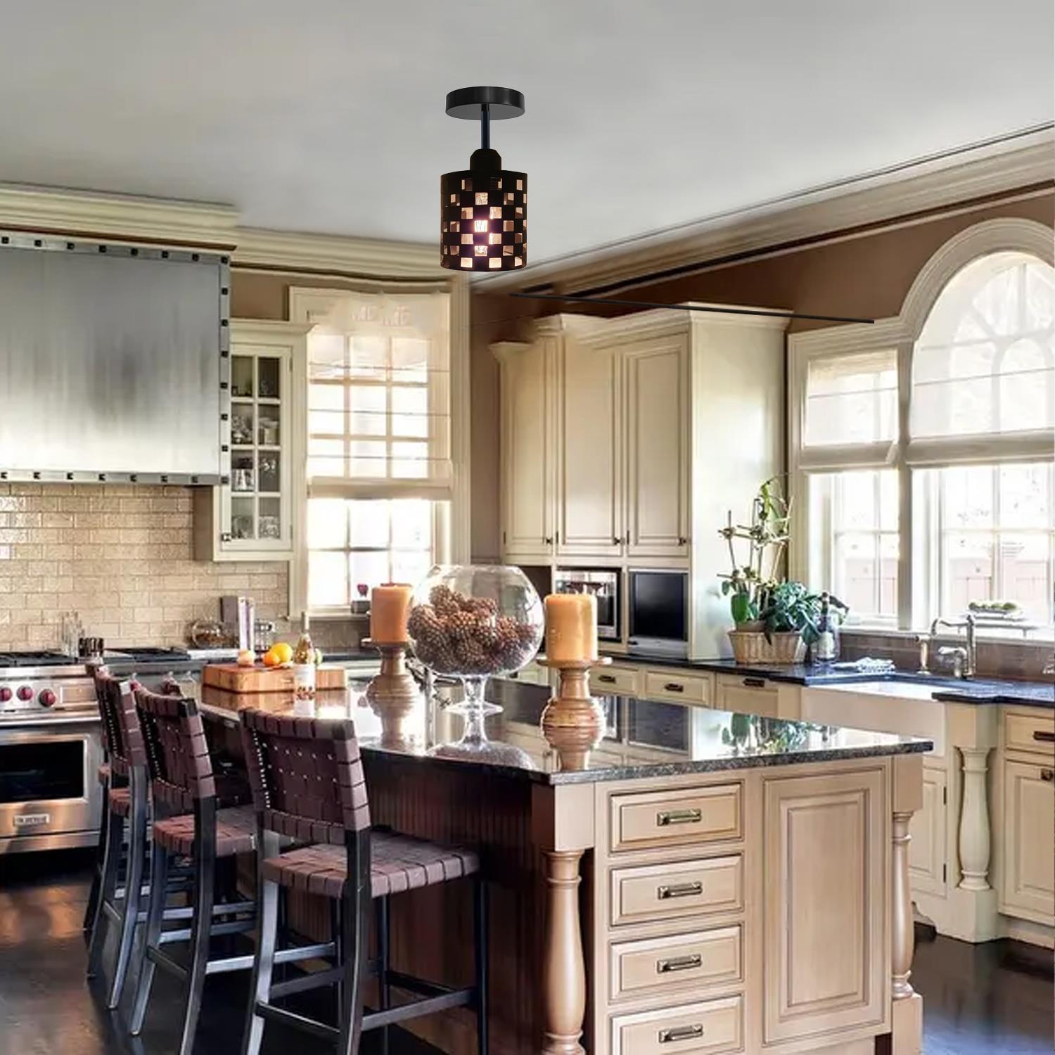 Modern flush ceiling light E27 lamp in black with a stylish design, showcasing its metal construction and elegant light cage.