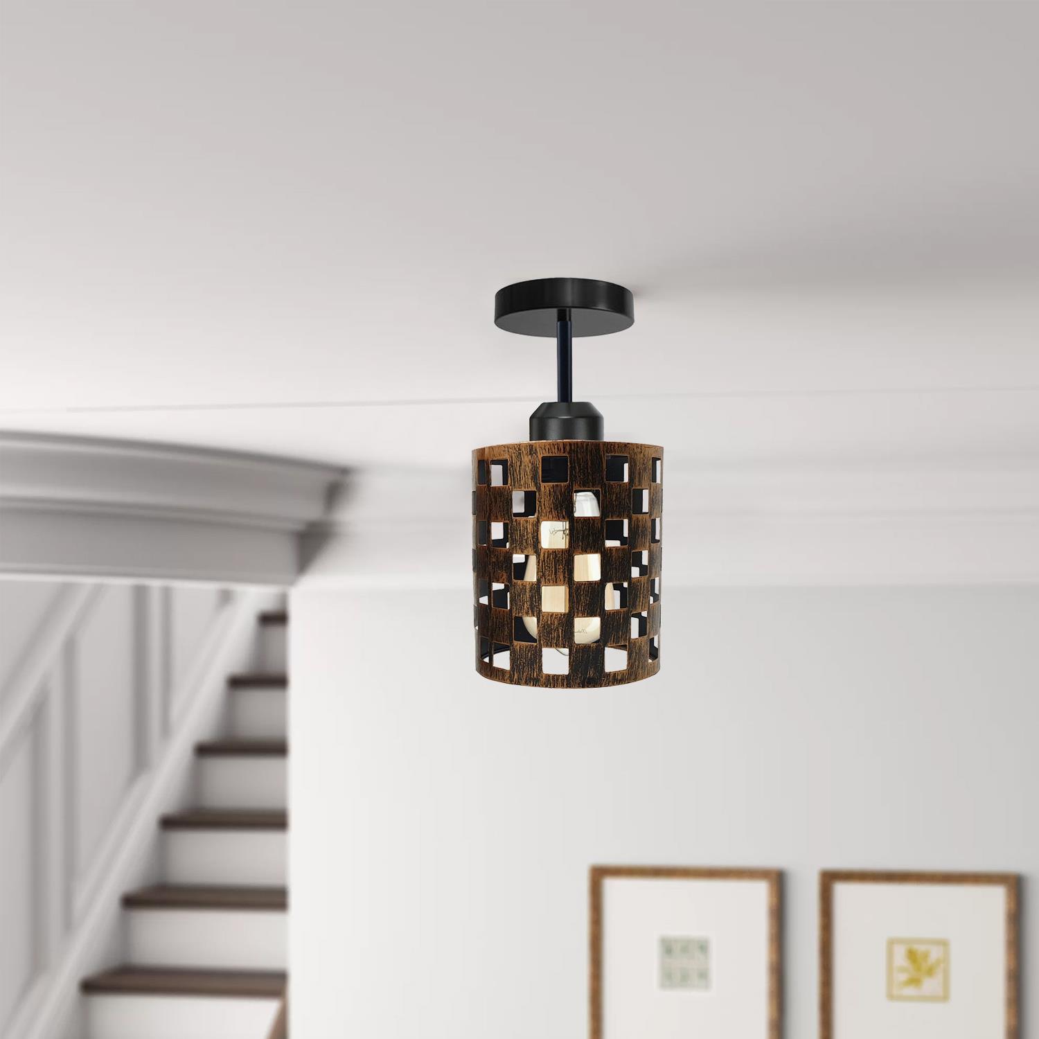 Modern flush ceiling light E27 lamp in black with a stylish design, showcasing its metal construction and elegant light cage.