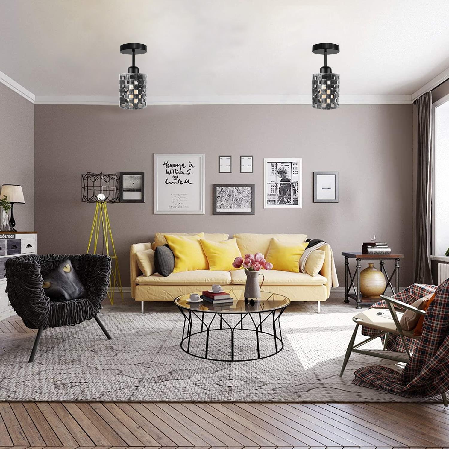 Modern flush ceiling light E27 lamp in black with a stylish design, showcasing its metal construction and elegant light cage.