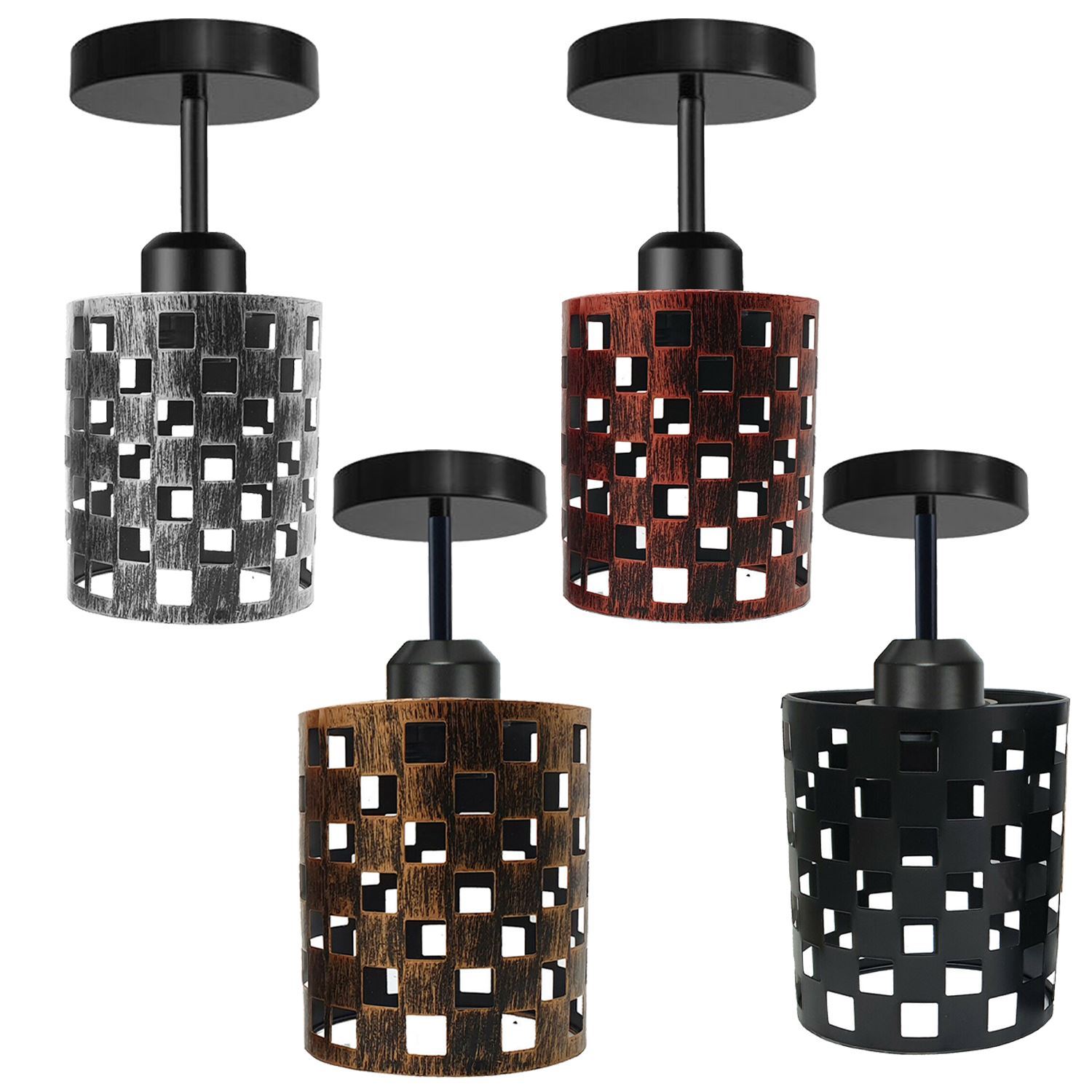 Modern flush ceiling light E27 lamp in black with a stylish design, showcasing its metal construction and elegant light cage.