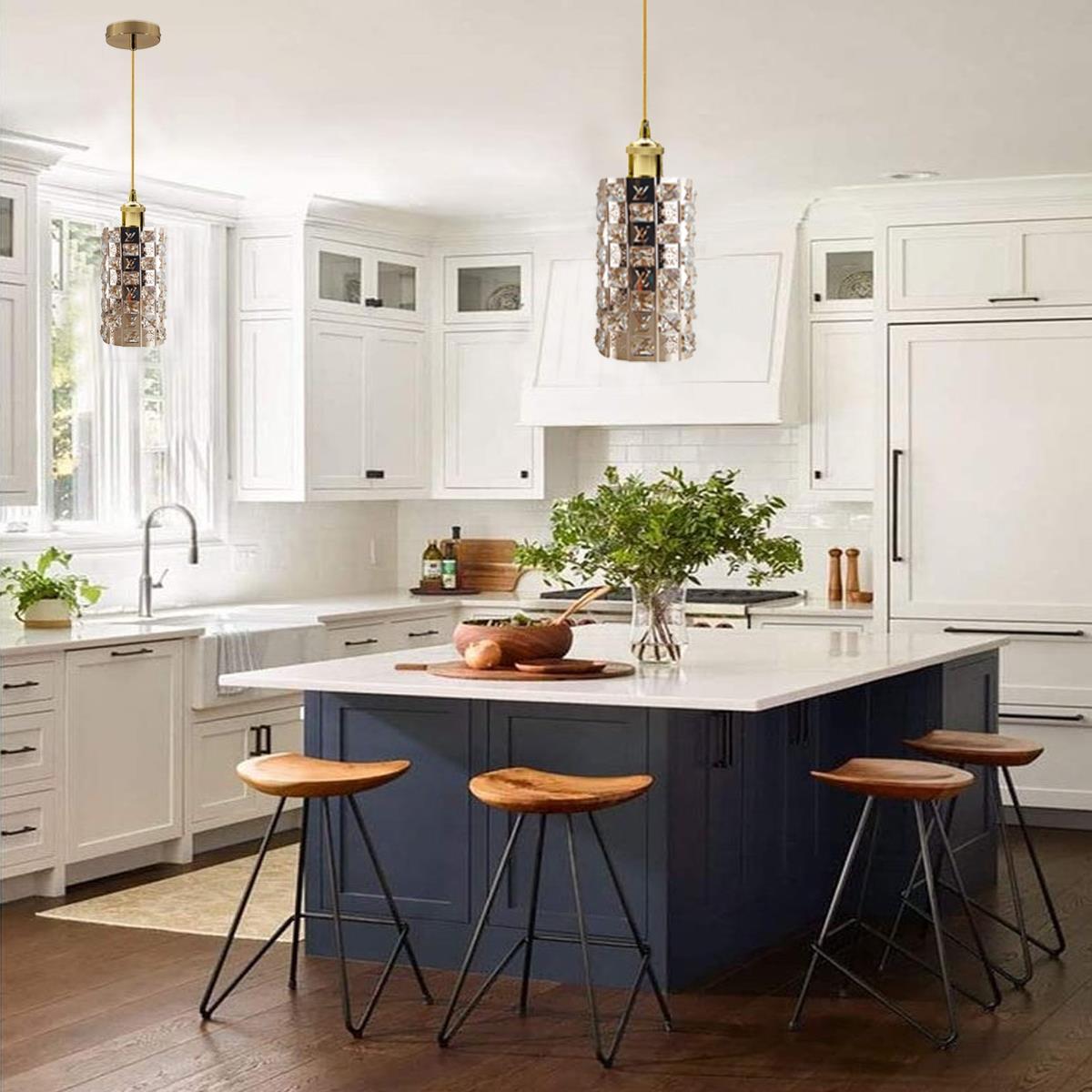 Modern Gold Ceiling Pendant Light with Crystal Droplets, showcasing elegant design and warm lighting.