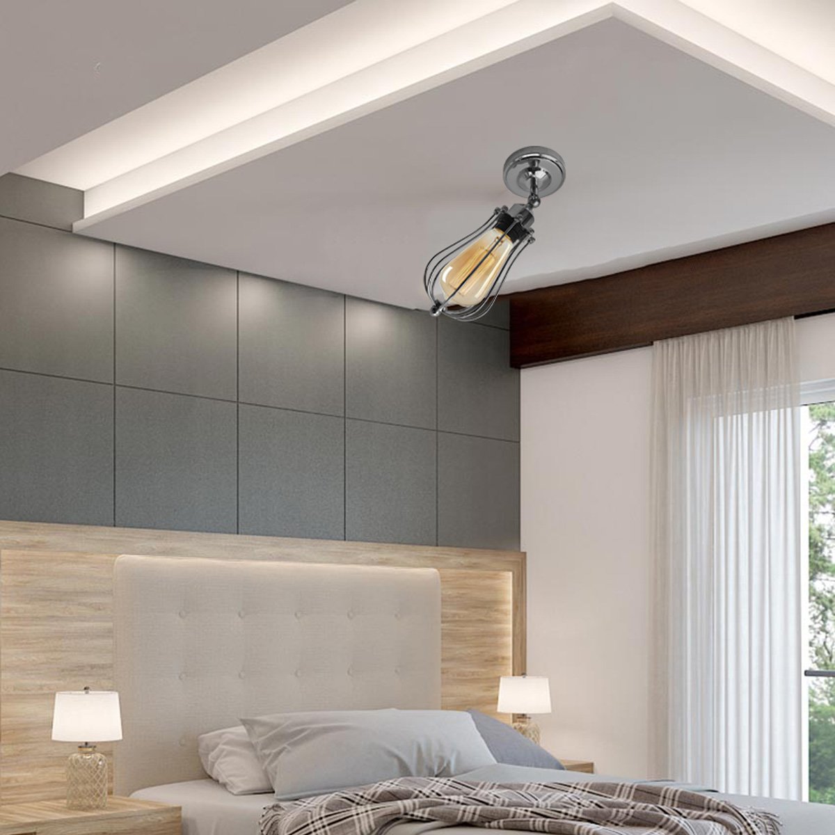 Modern Industrial Chrome Flex Arm Retro Light Cage Ceiling Fixture showcasing a stylish metal cage design with a chrome finish.