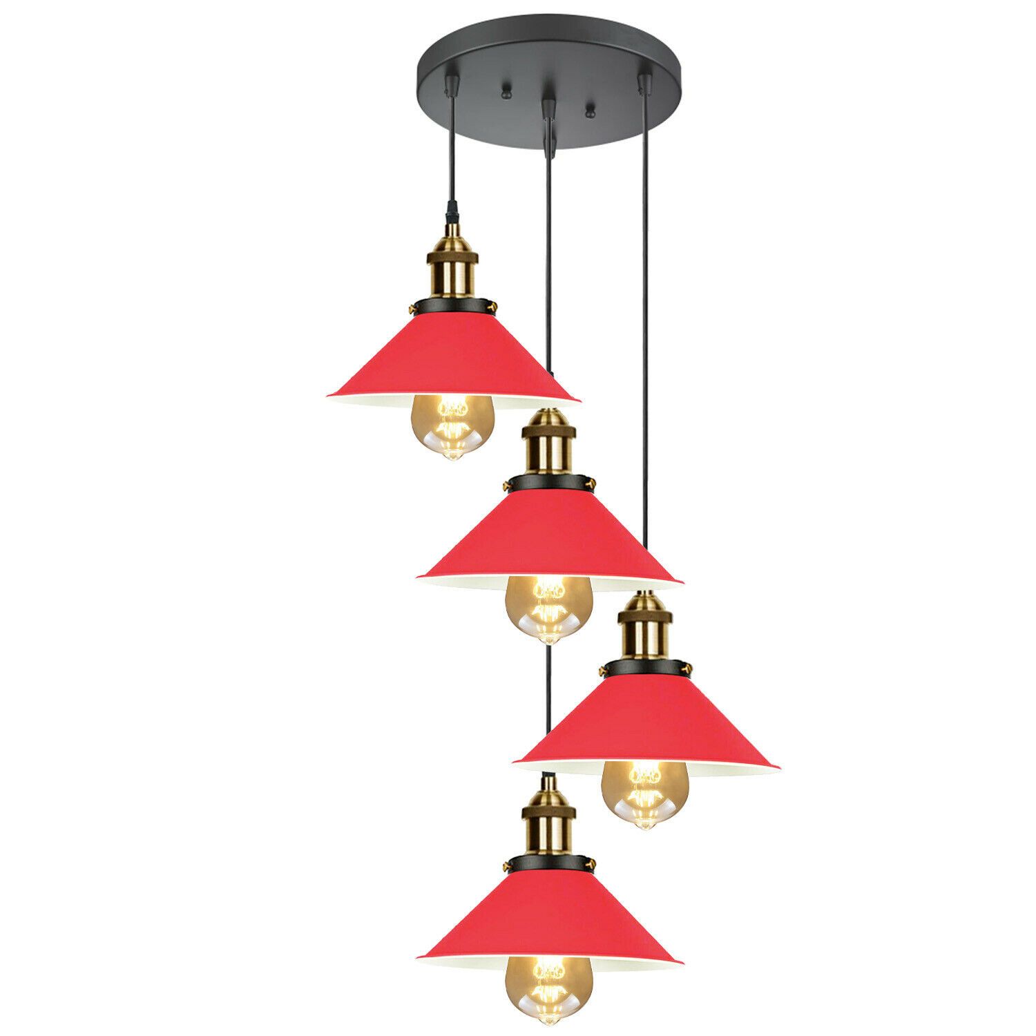 Modern Industrial Lampshade Chandelier in red and black, featuring four light holders and a stylish design, perfect for home and pub settings.