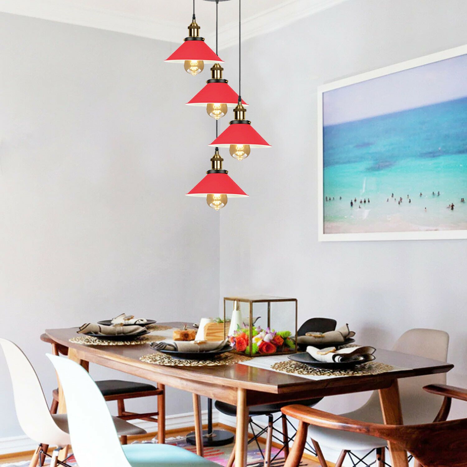 Modern Industrial Lampshade Chandelier in red and black, featuring four light holders and a stylish design, perfect for home and pub settings.