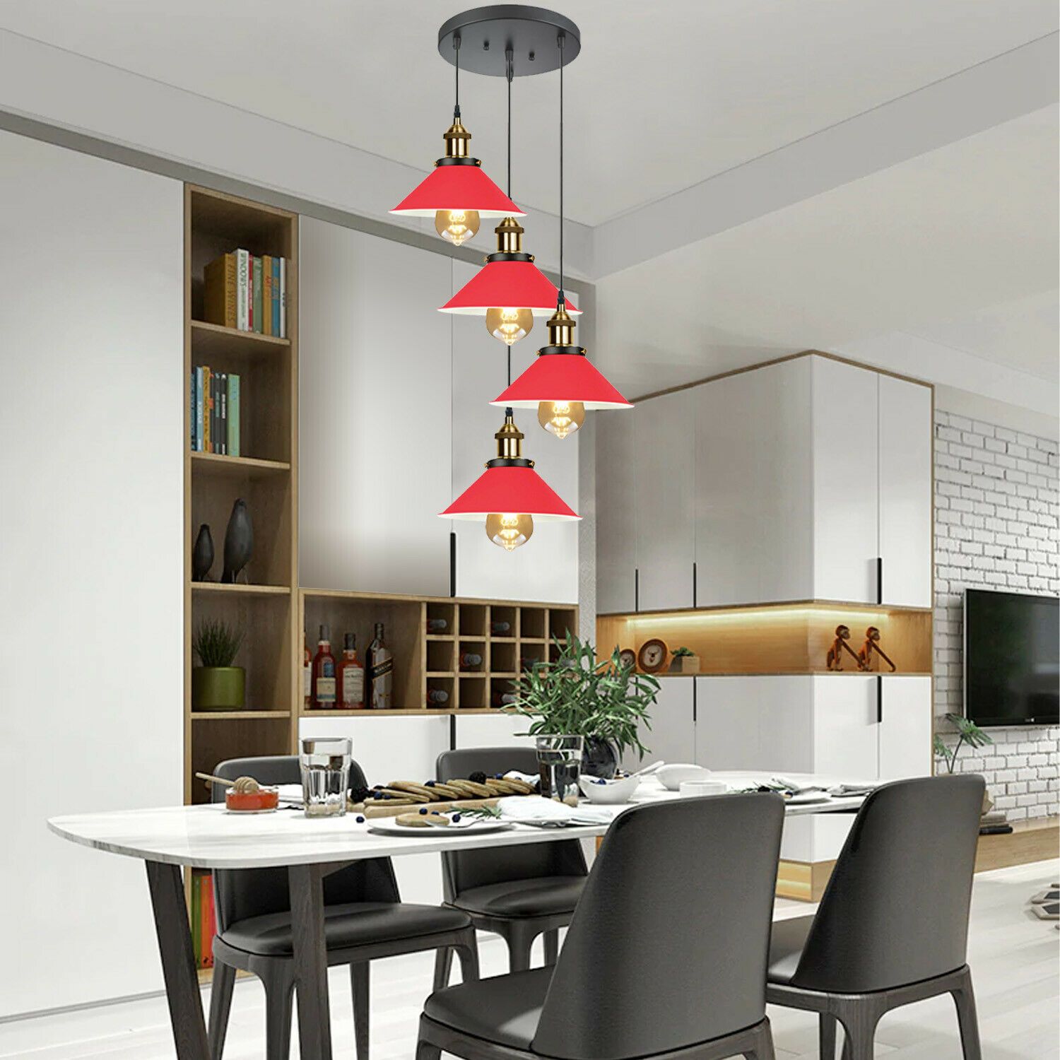 Modern Industrial Lampshade Chandelier in red and black, featuring four light holders and a stylish design, perfect for home and pub settings.