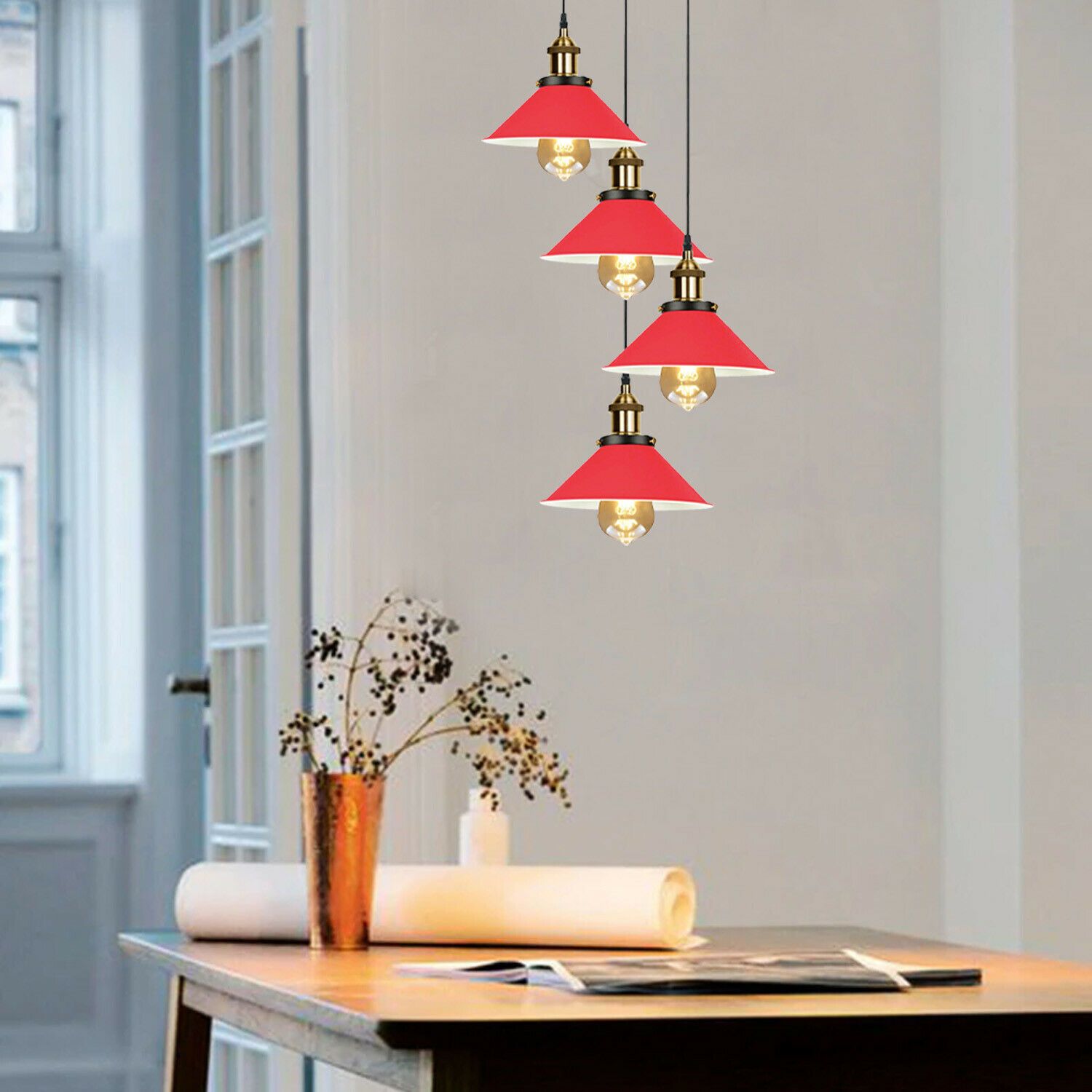 Modern Industrial Lampshade Chandelier in red and black, featuring four light holders and a stylish design, perfect for home and pub settings.