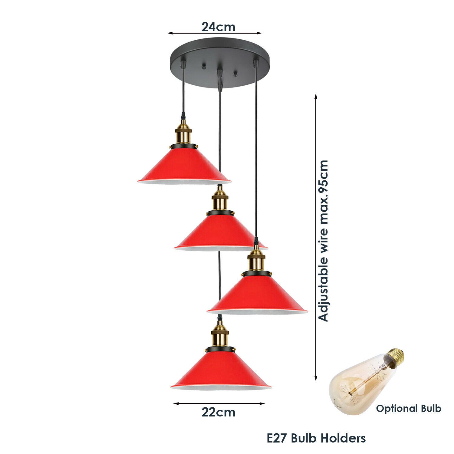 Modern Industrial Lampshade Chandelier in red and black, featuring four light holders and a stylish design, perfect for home and pub settings.