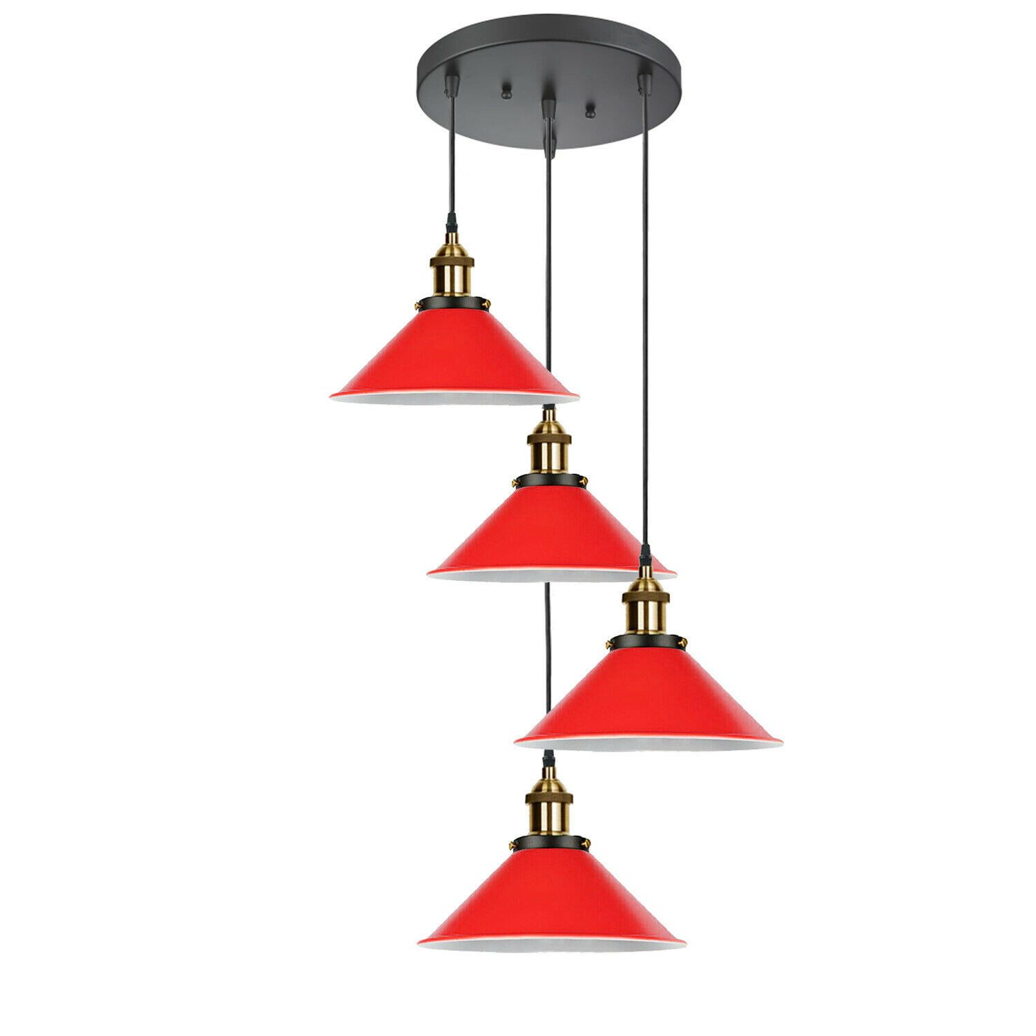 Modern Industrial Lampshade Chandelier in red and black, featuring four light holders and a stylish design, perfect for home and pub settings.
