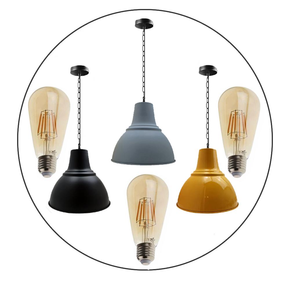 Modern Industrial Pendant Light Lamp Shade in Black, Yellow, and Grey colors with included bulbs, showcasing a retro industrial design.