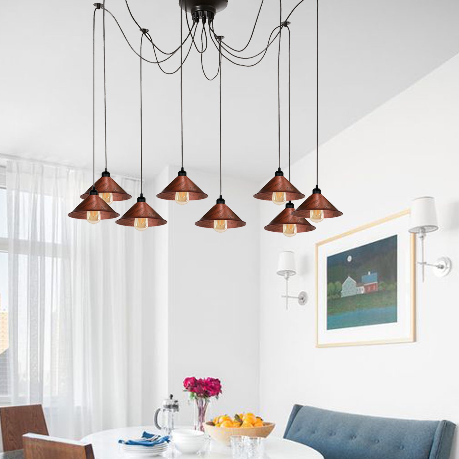 Modern Industrial Rustic Red Spider Ceiling Pendant Light with eight shades in rustic red and black, showcasing an elegant industrial design.