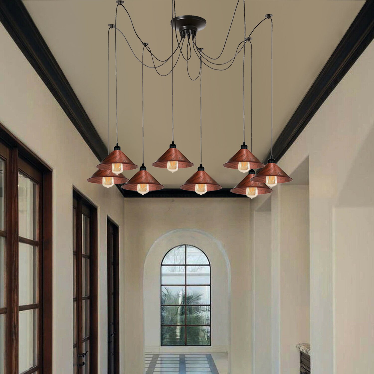 Modern Industrial Rustic Red Spider Ceiling Pendant Light with eight shades in rustic red and black, showcasing an elegant industrial design.