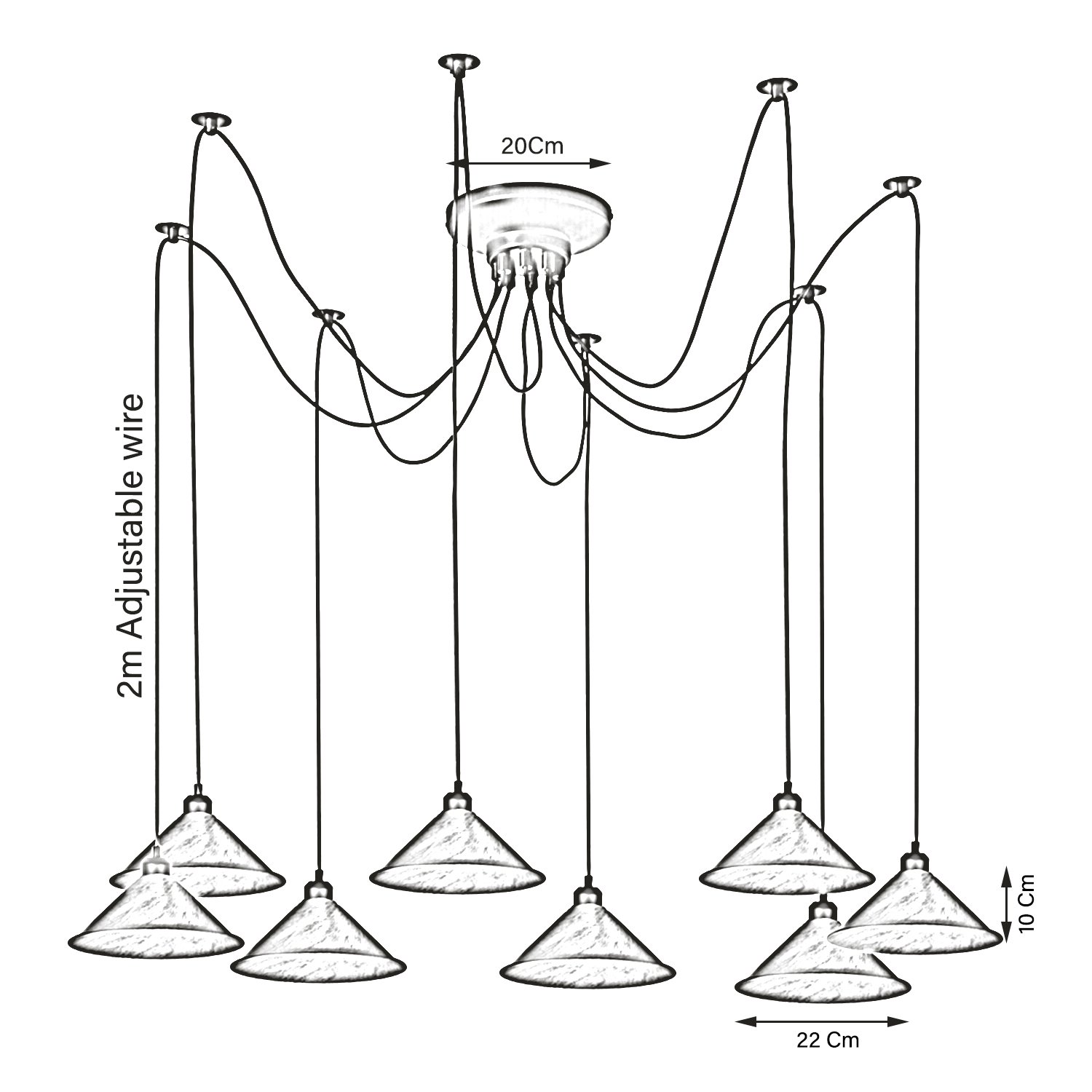 Modern Industrial Rustic Red Spider Ceiling Pendant Light with eight shades in rustic red and black, showcasing an elegant industrial design.