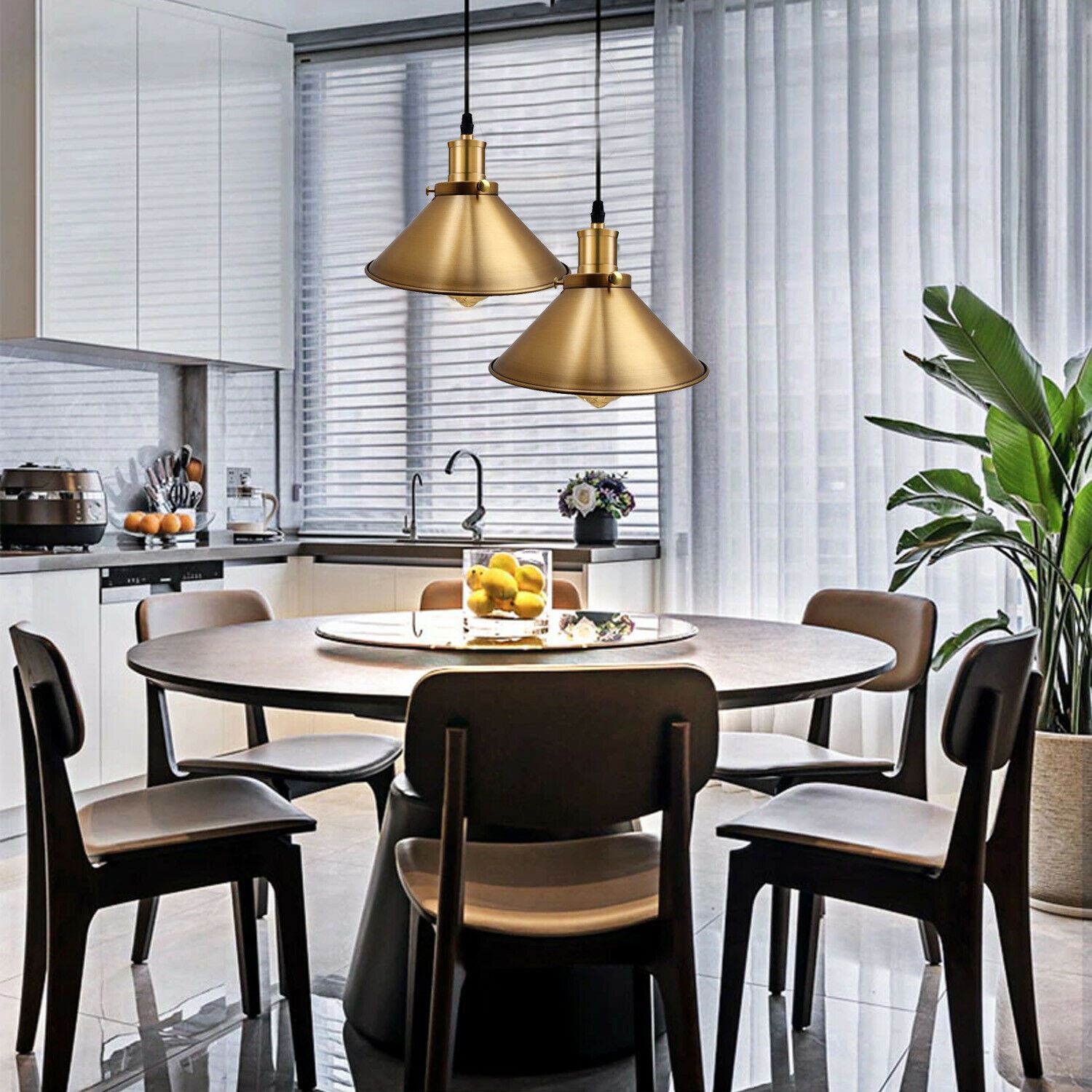 Modern Industrial Style Metal Cage Single Pendant Light in Yellow Brass, featuring a sleek dome design and adjustable hood.