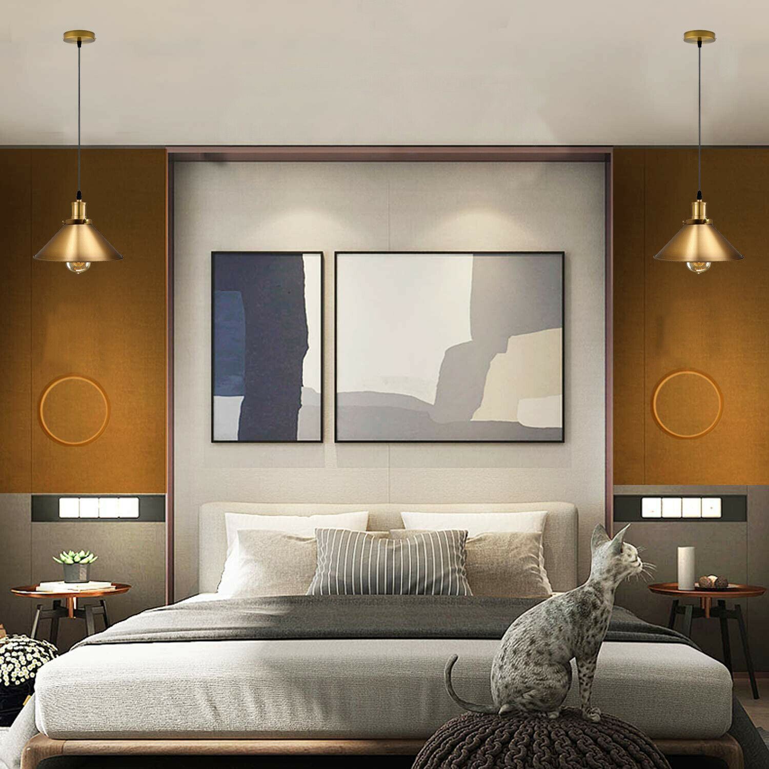 Modern Industrial Style Metal Cage Single Pendant Light in Yellow Brass, featuring a sleek dome design and adjustable hood.