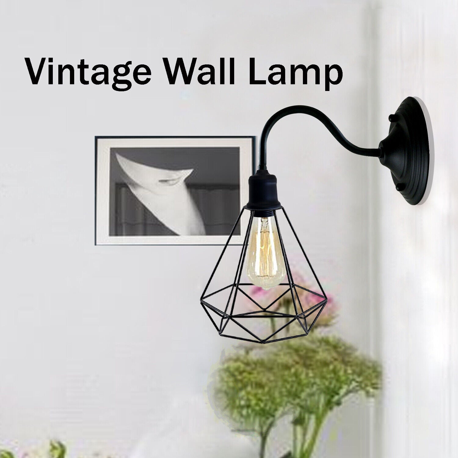 Modern Industrial Vintage Indoor Black Wall Light Lamp Fitting with diamond-shaped metal shade, perfect for stylish home decor.