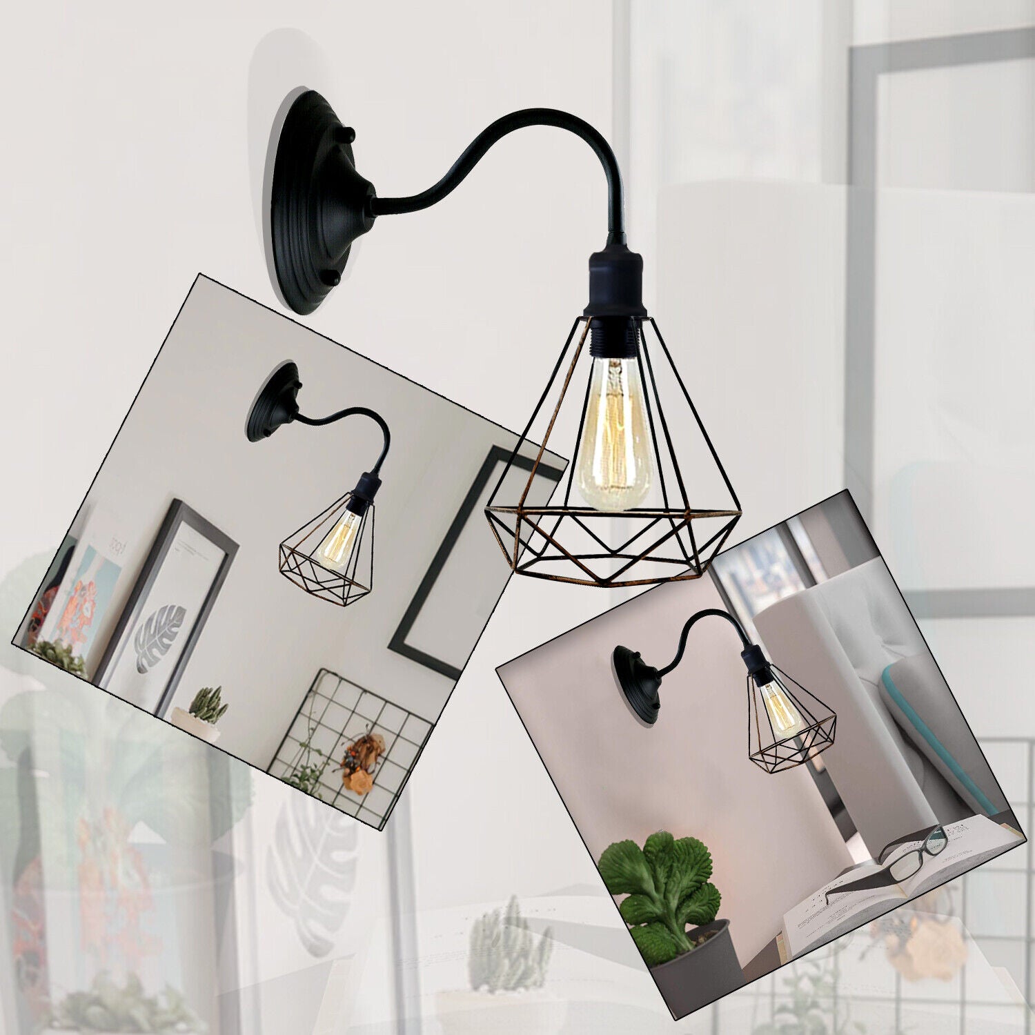 Modern Industrial Vintage Indoor Black Wall Light Lamp Fitting with diamond-shaped metal shade, perfect for stylish home decor.