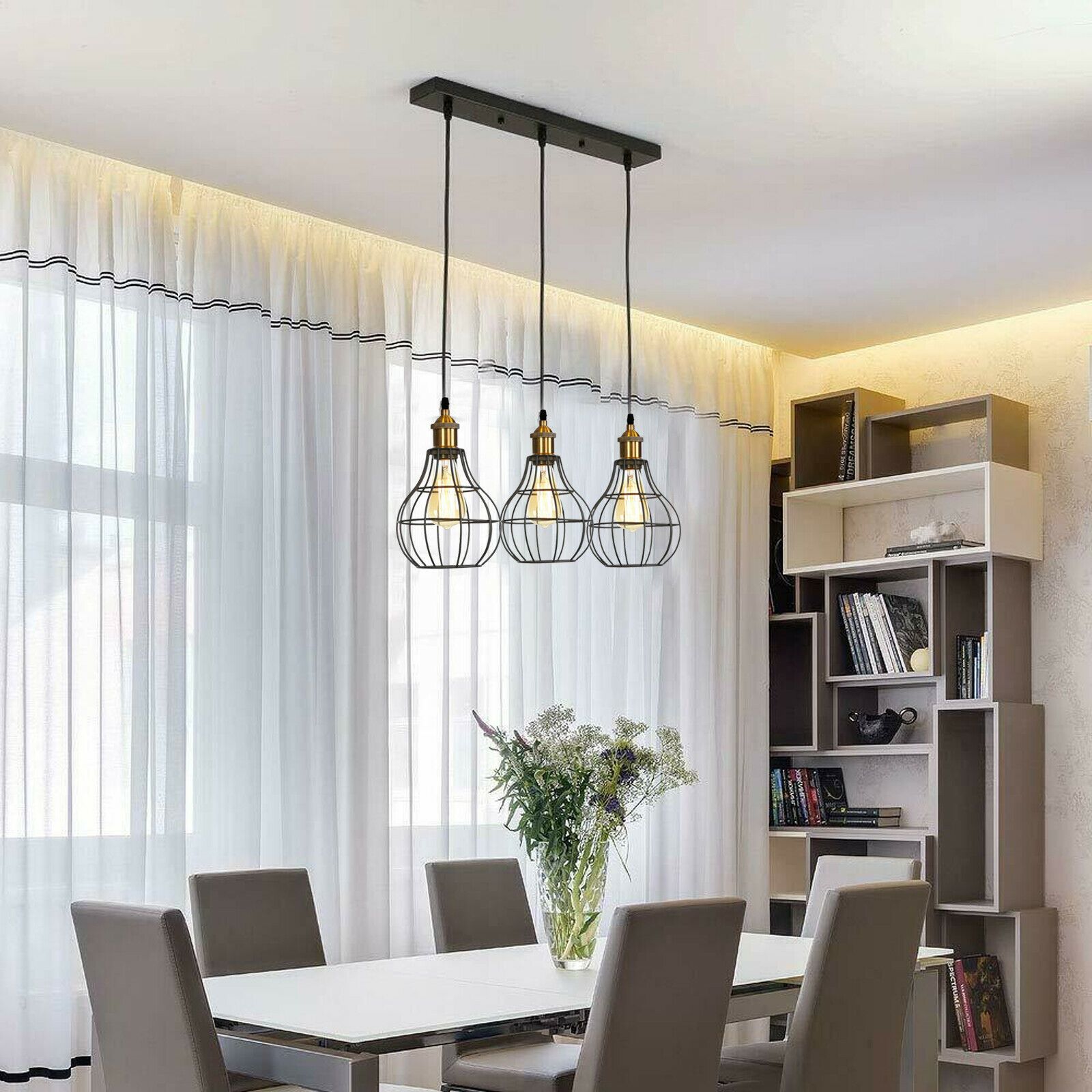 Modern Industrial Wire Cage Retro 3 Head Ceiling Pendant Light Lamp featuring three light holders and a stylish black metal design.