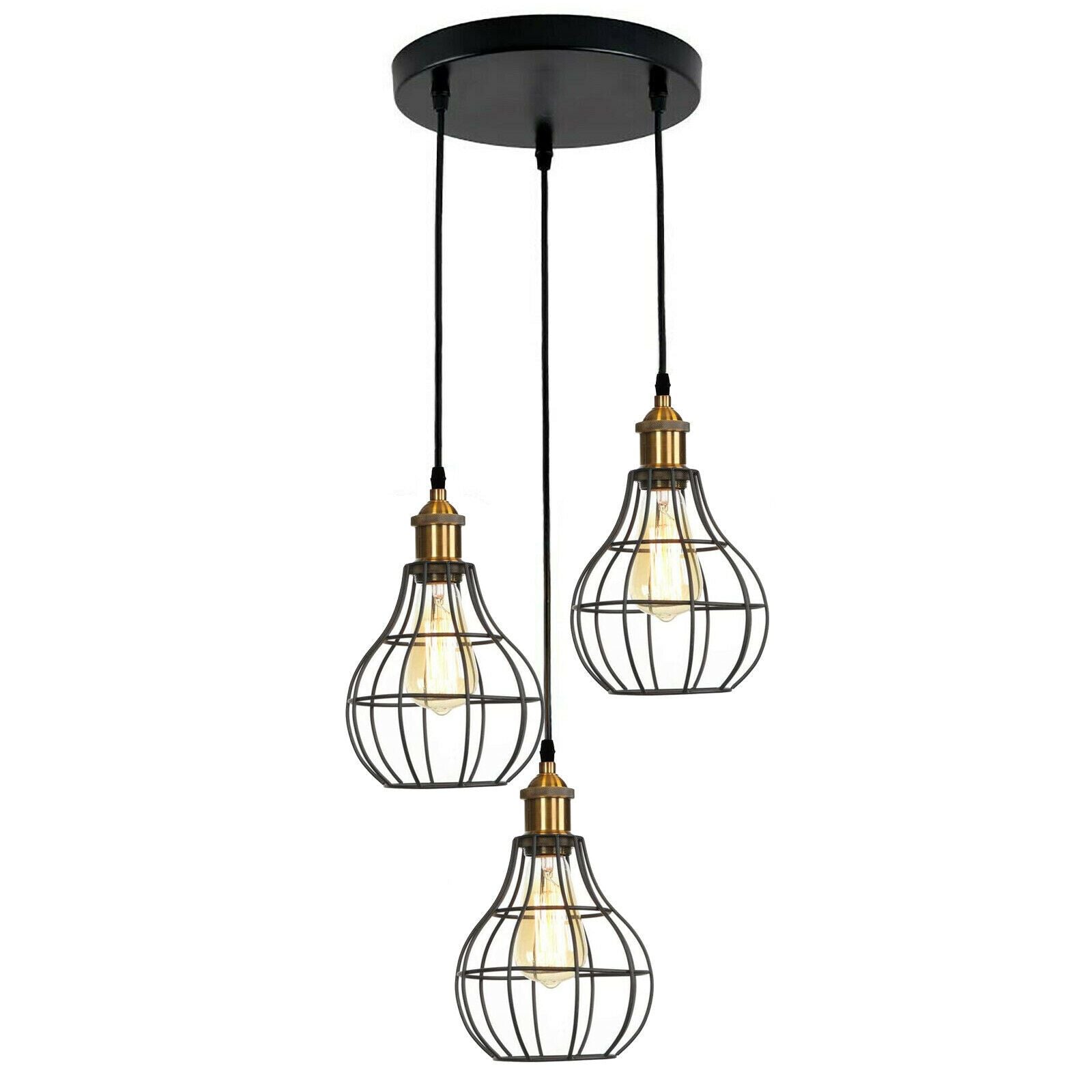 Modern Industrial Wire Cage Retro 3 Head Ceiling Pendant Light Lamp featuring three light holders and a stylish black metal design.