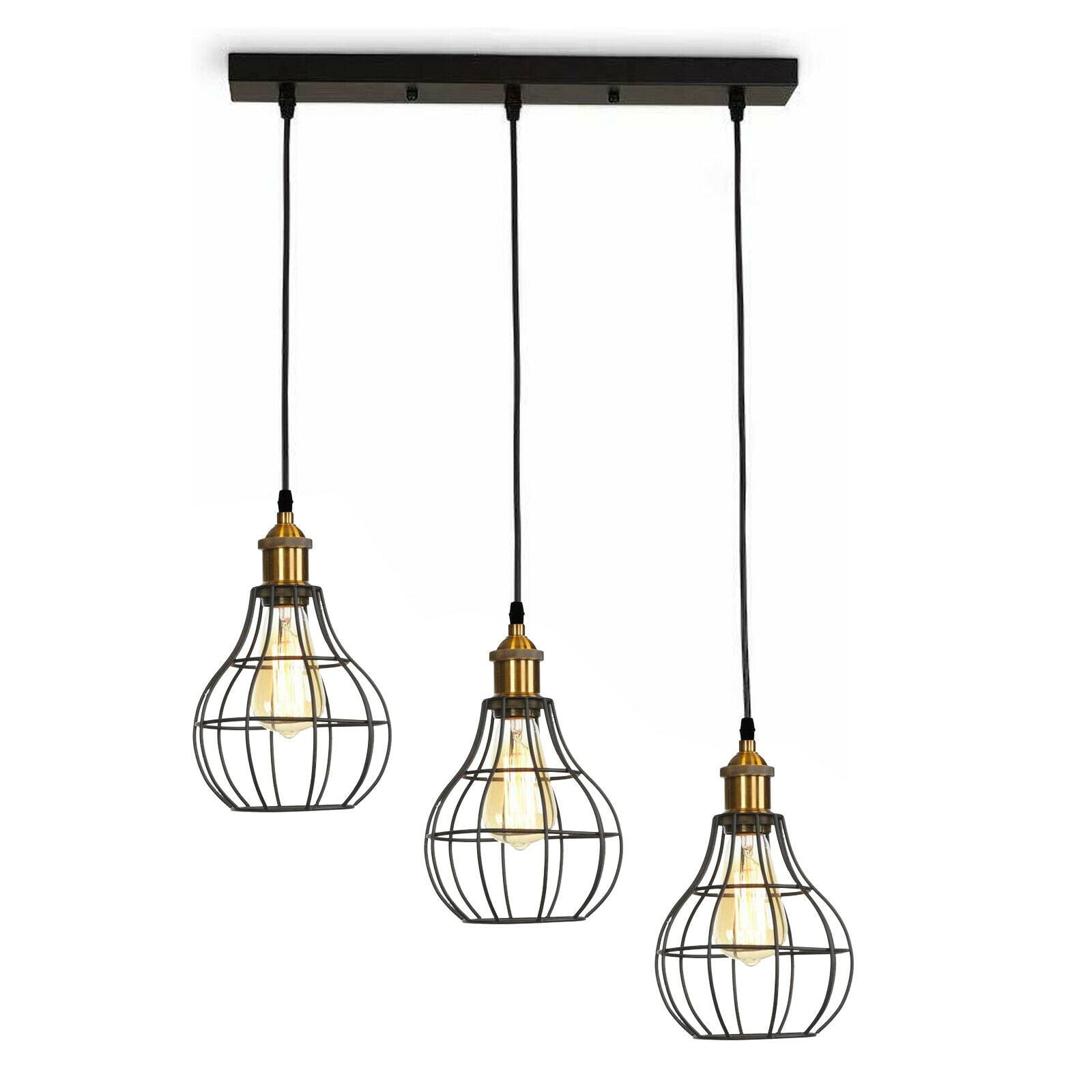 Modern Industrial Wire Cage Retro 3 Head Ceiling Pendant Light Lamp featuring three light holders and a stylish black metal design.