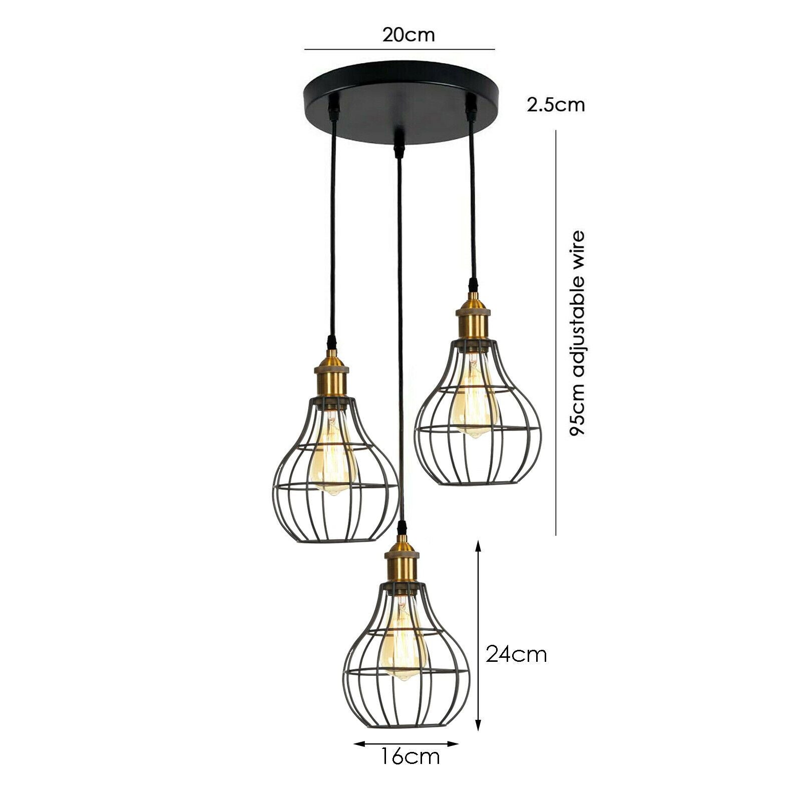 Modern Industrial Wire Cage Retro 3 Head Ceiling Pendant Light Lamp featuring three light holders and a stylish black metal design.