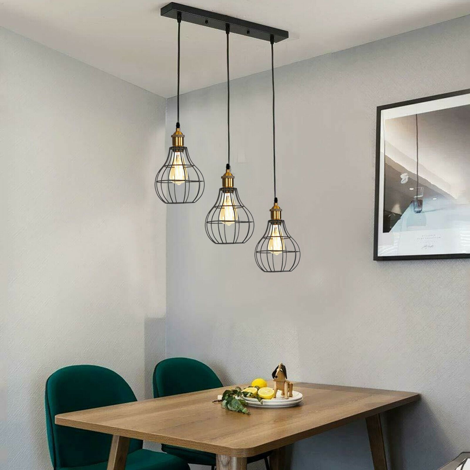 Modern Industrial Wire Cage Retro 3 Head Ceiling Pendant Light Lamp featuring three light holders and a stylish black metal design.