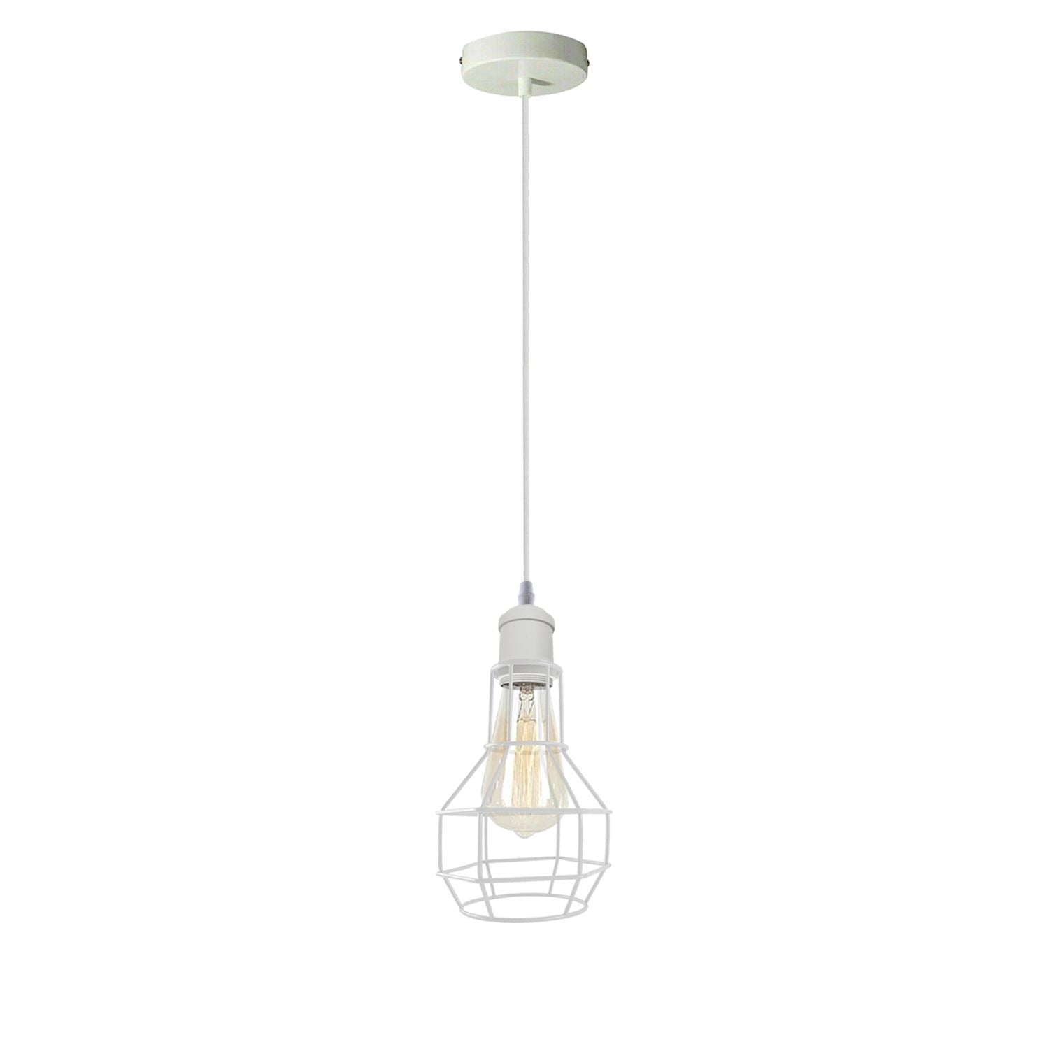 Modern Loft Vintage Industrial Retro Wire Cage Shade Pendant light showcasing its stylish wire cage design and white finish.