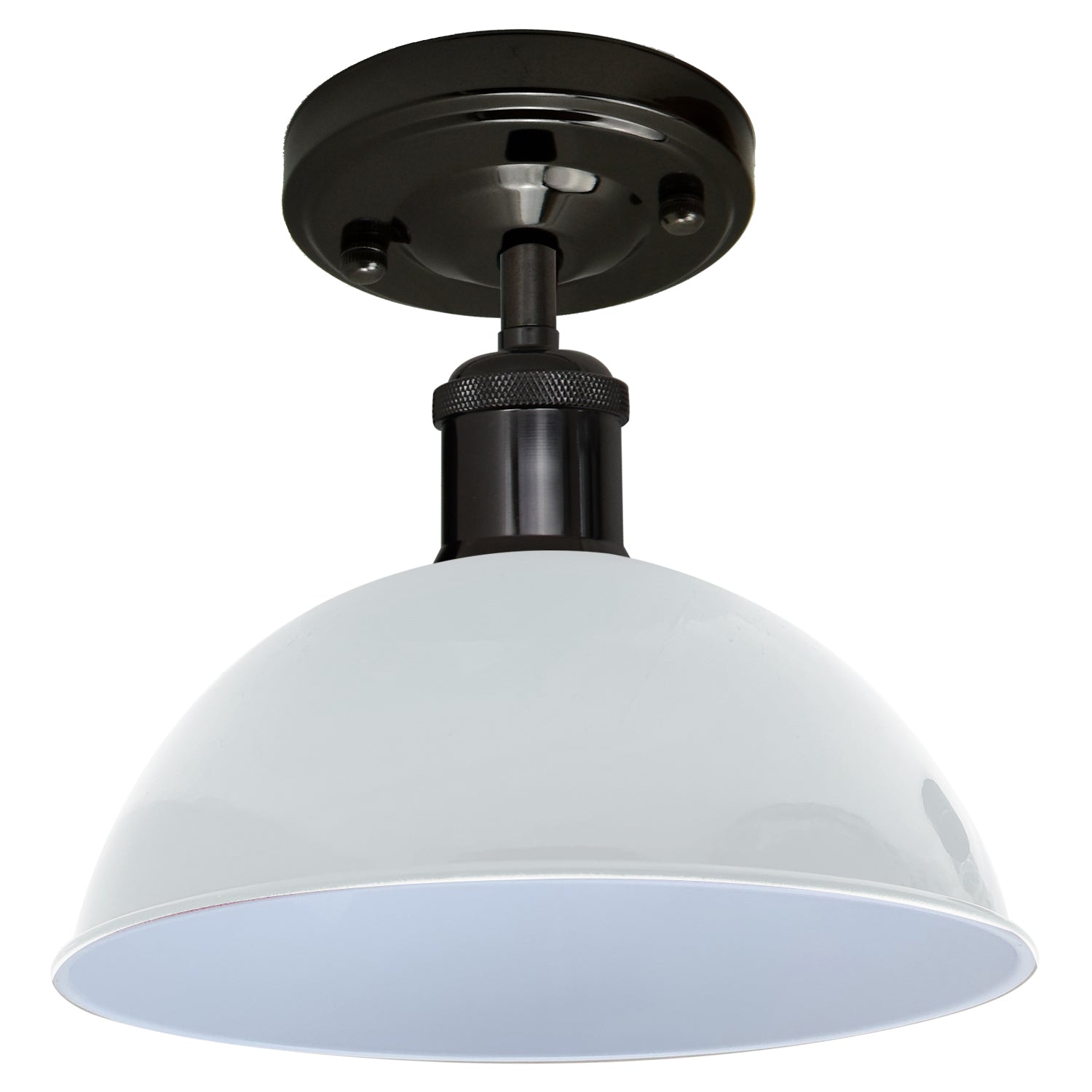 Modern Metal Dome Ceiling Light in shiny black and white finish, showcasing its elegant dome design and E27 lamp base.